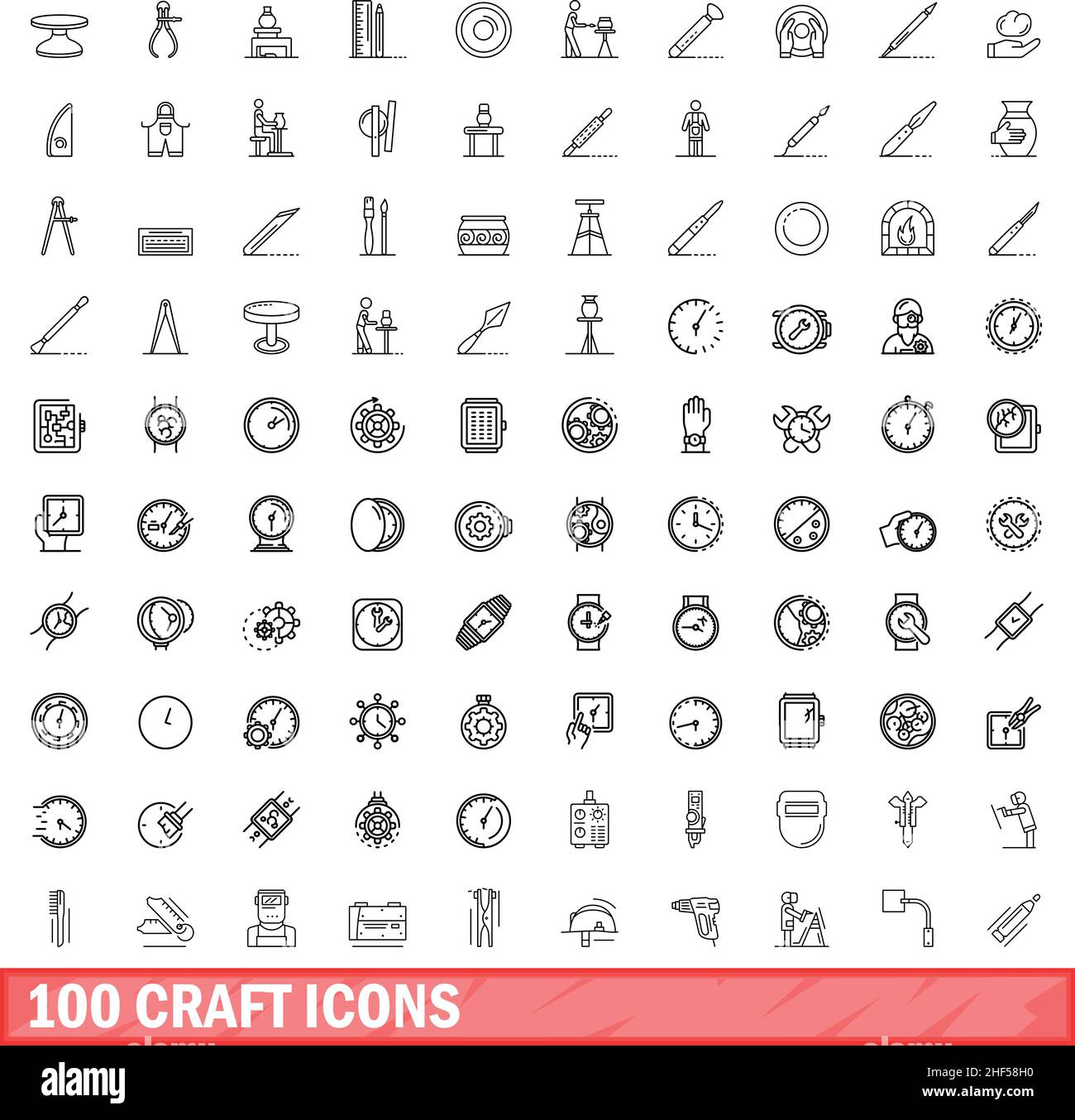 100 icone craft impostate. Illustrazione di 100 icone del mestiere insieme vettoriale isolato su sfondo bianco Illustrazione Vettoriale