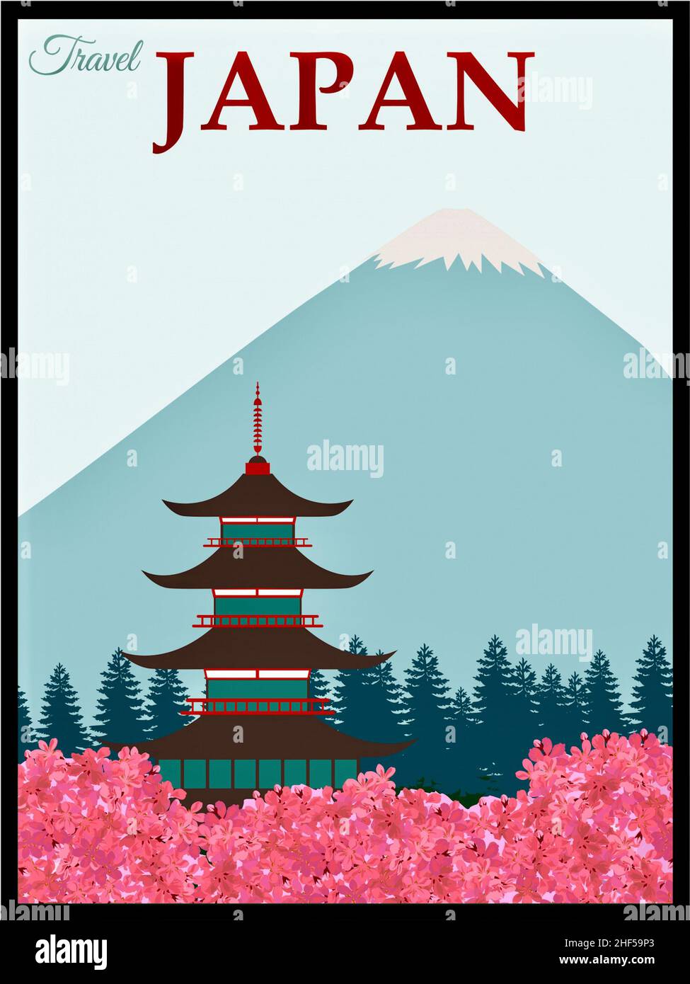 Poster di viaggio in Giappone con pagoda e Monte Fuji Foto Stock