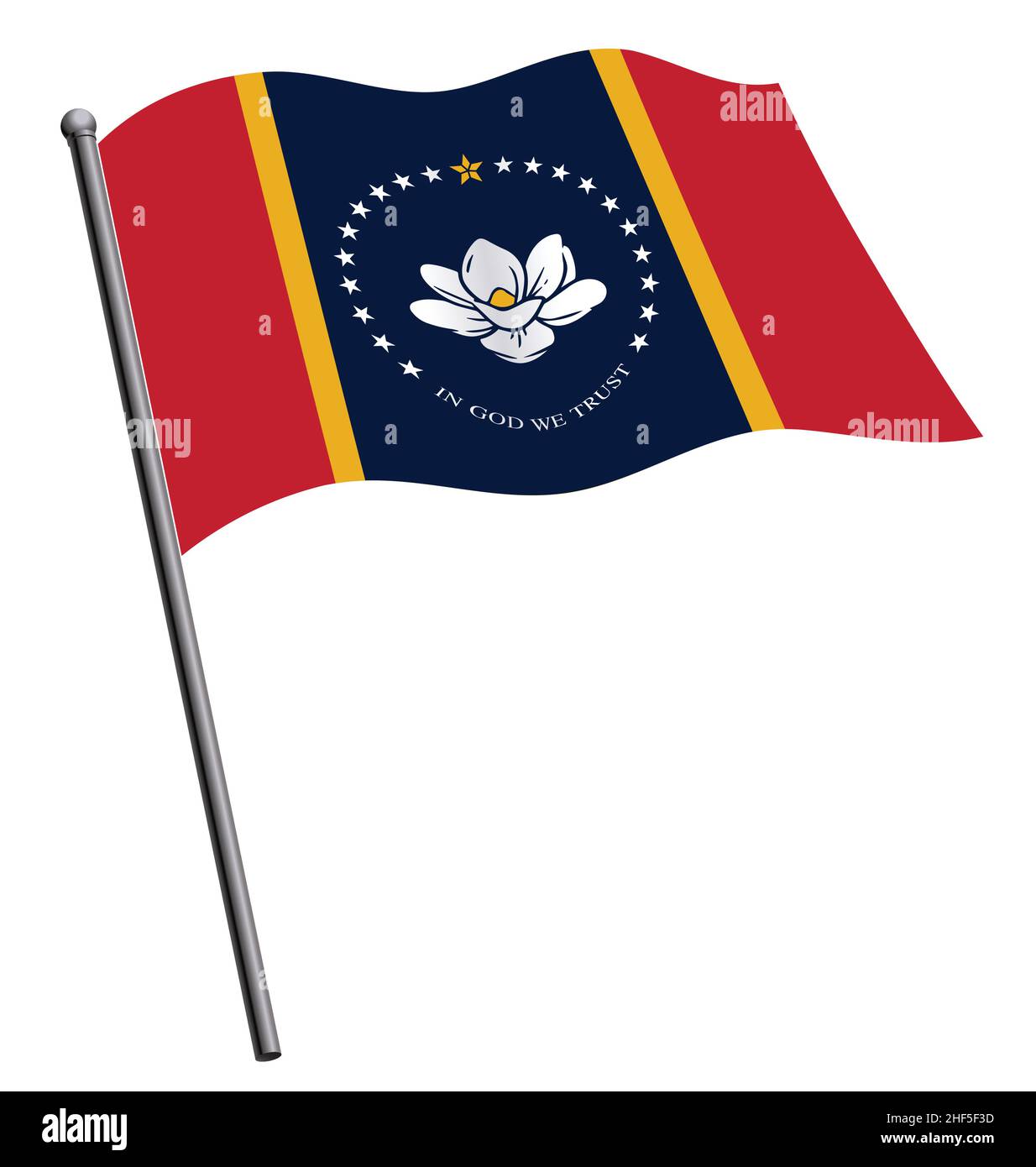 correzione accurata del nuovo flag di stato ms del mississippi sul flagpole flying waving flowing flowing flowing flowing flowing vettore isolato su sfondo bianco Illustrazione Vettoriale