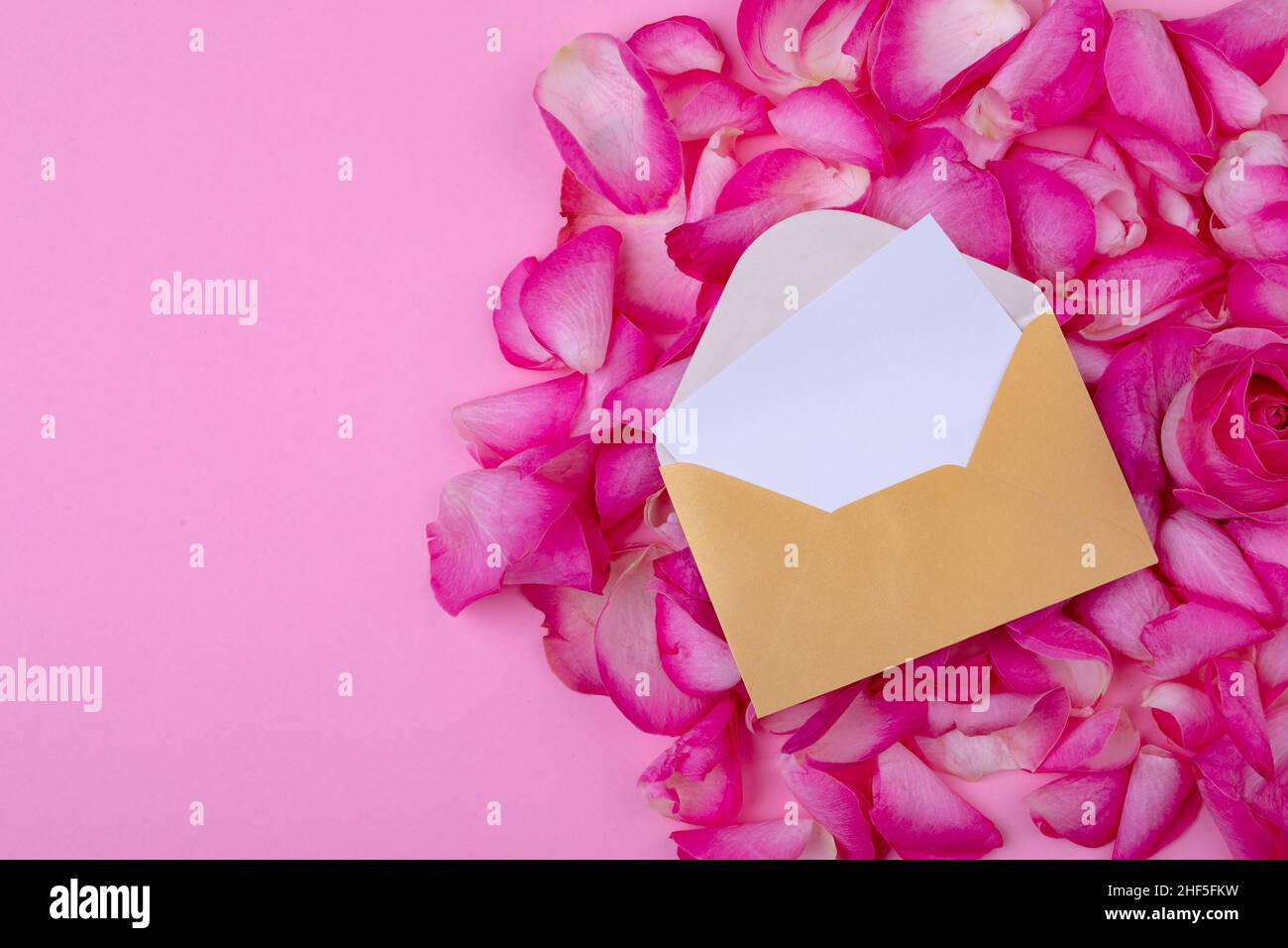 Vista dall'alto di lettera e busta su petali di fiori isolati su sfondo rosa, spazio copia Foto Stock