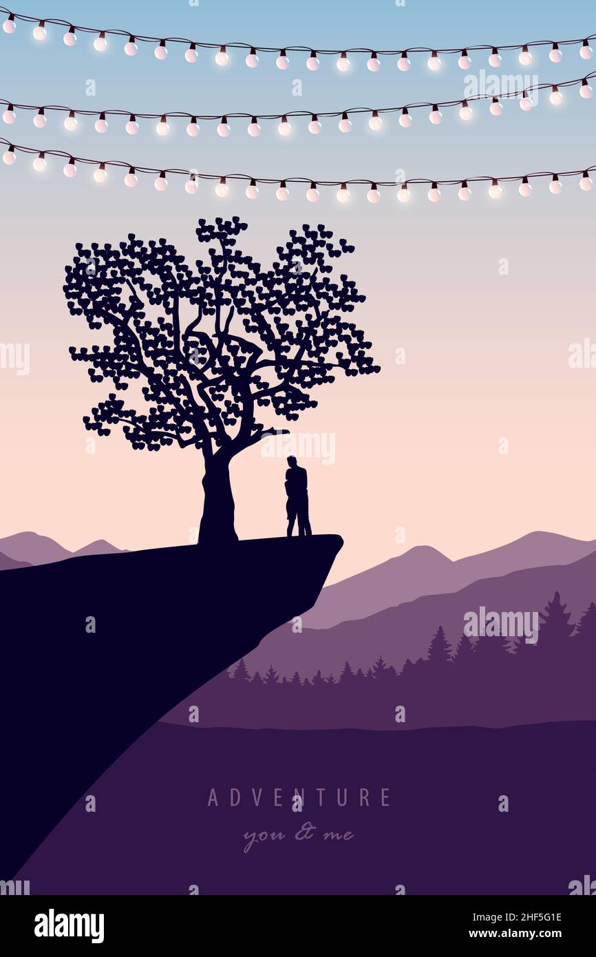 coppia innamorata su una scogliera sotto un albero con vista sulle montagne Illustrazione Vettoriale