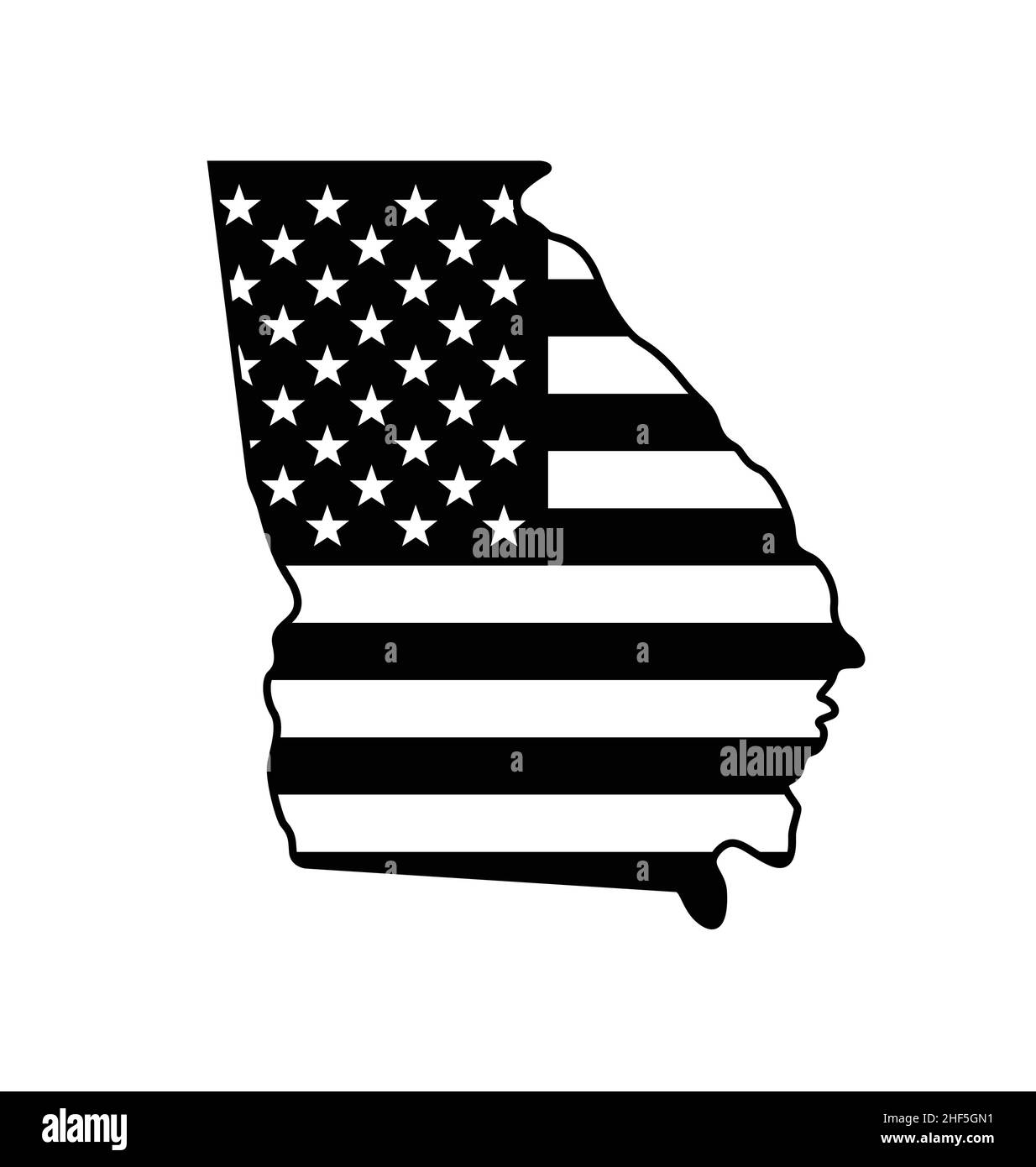 Forma della mappa di forma dello stato Georgia semplificata con vettore bianco e nero della bandiera americana degli Stati Uniti isolato su sfondo bianco Illustrazione Vettoriale