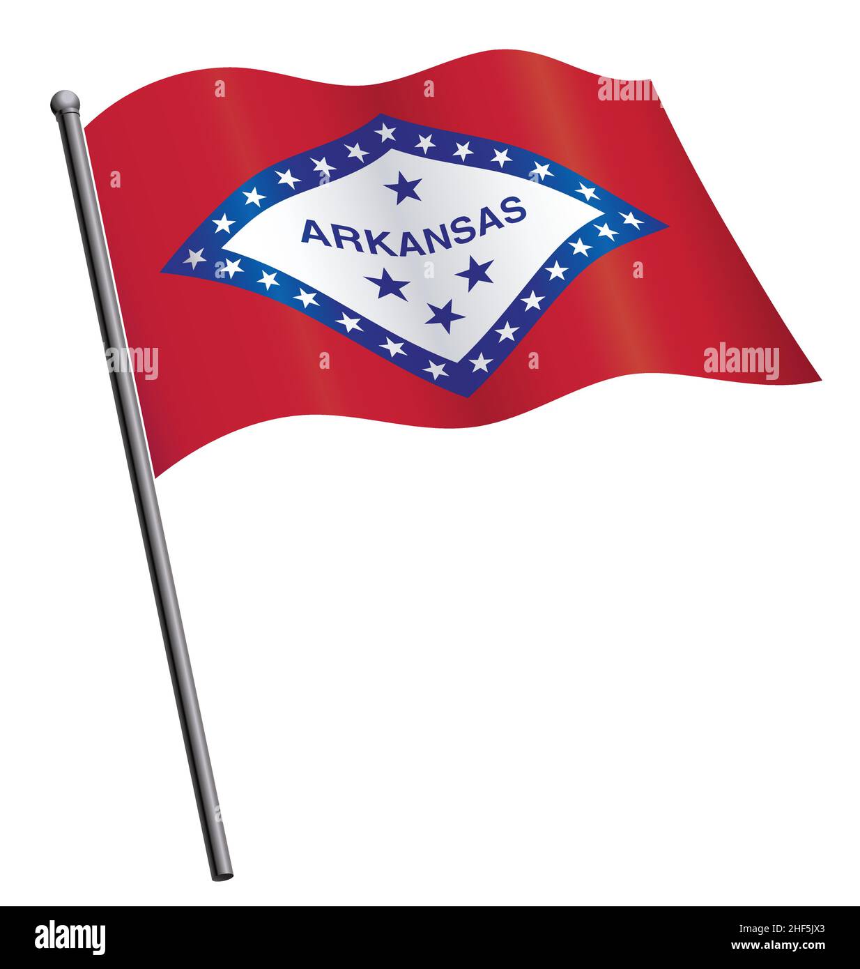 bandiera di stato dell'arkansas che ondeggia su un vettore di seta flagpole isolato su sfondo bianco Illustrazione Vettoriale
