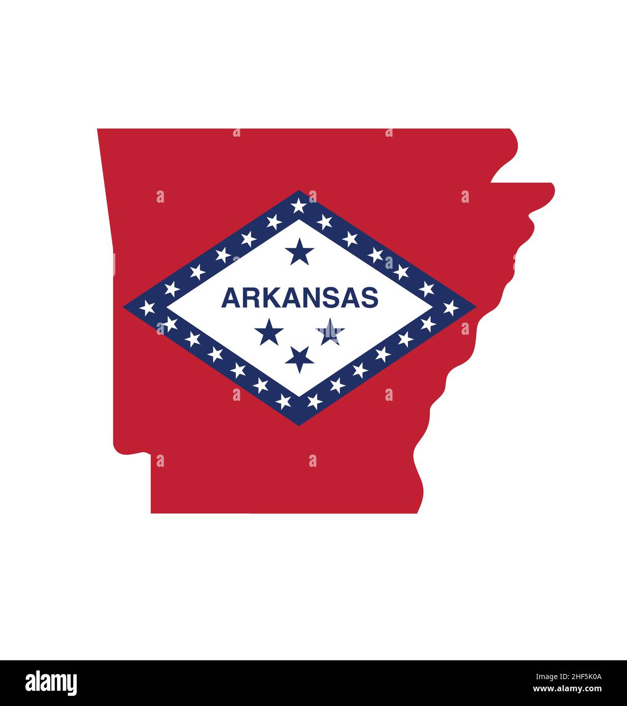 forma della mappa dello stato dell'arkansas con vettore logo con bandiera isolato su sfondo bianco Illustrazione Vettoriale