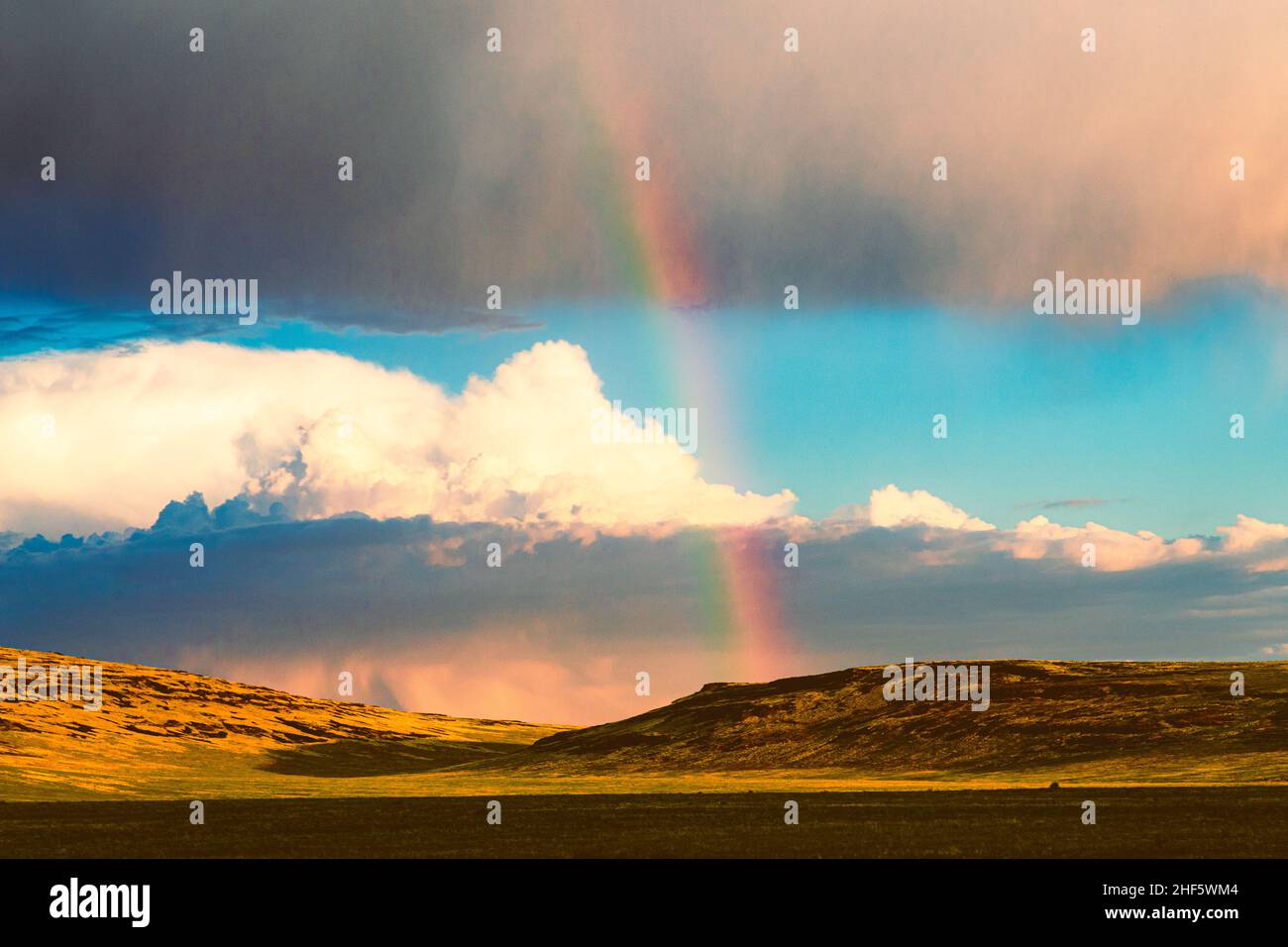 Vibrante arcobaleno e nuvole di moody nel deserto di Smoke Creek nella contea di Lassen, California, USA. Fotografato nel tardo pomeriggio dopo una tempesta di primavera. Foto Stock