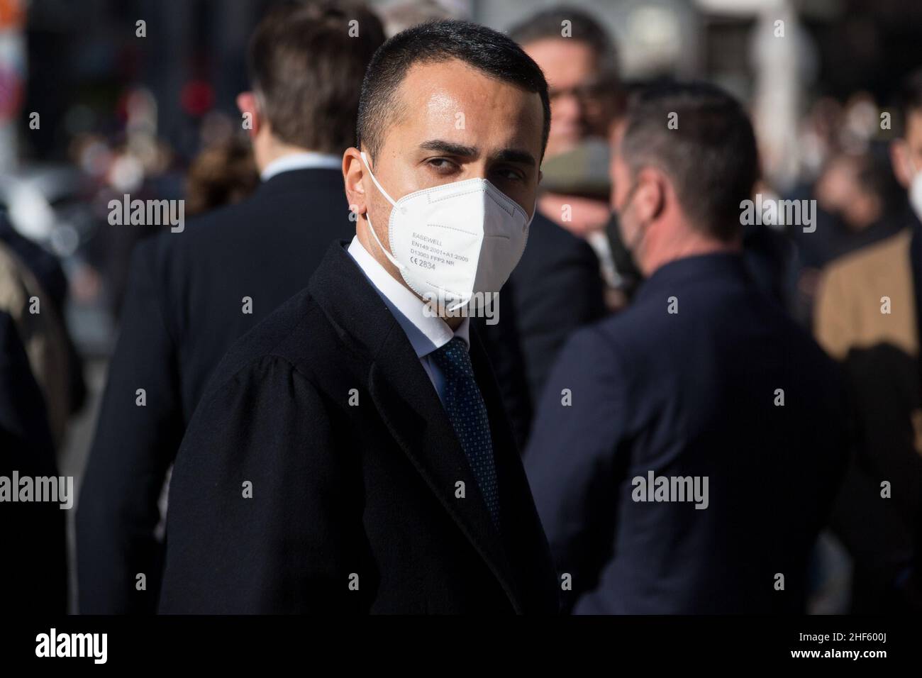 Roma, Italia. 14th Jan 2022. Luigi di Maio, Ministro degli Esteri italiano, partecipa ai funerali di Stato del Presidente del Parlamento europeo, David Sassoli, nella Basilica di Santa Maria degli Angeli e dei Martiri a Roma. David Sassoli morì il 11th gennaio 2022 all'età di 65 anni a seguito di una 'disfunzione del suo sistema immunitario'. Credit: LSF Photo/Alamy Live News Foto Stock