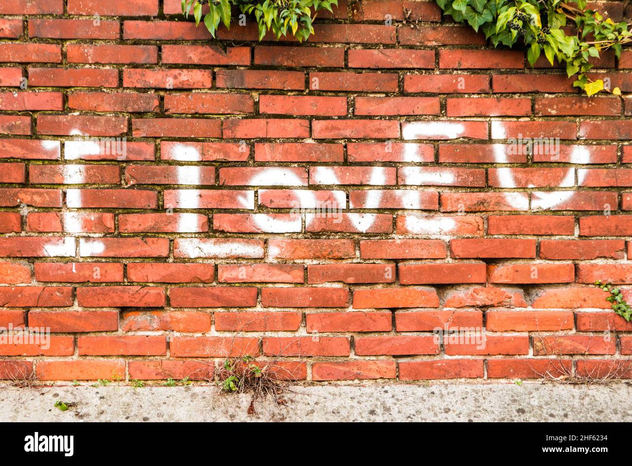 Una scrittura bianca romantica o pro Unione europea su un muro di mattoni Foto Stock