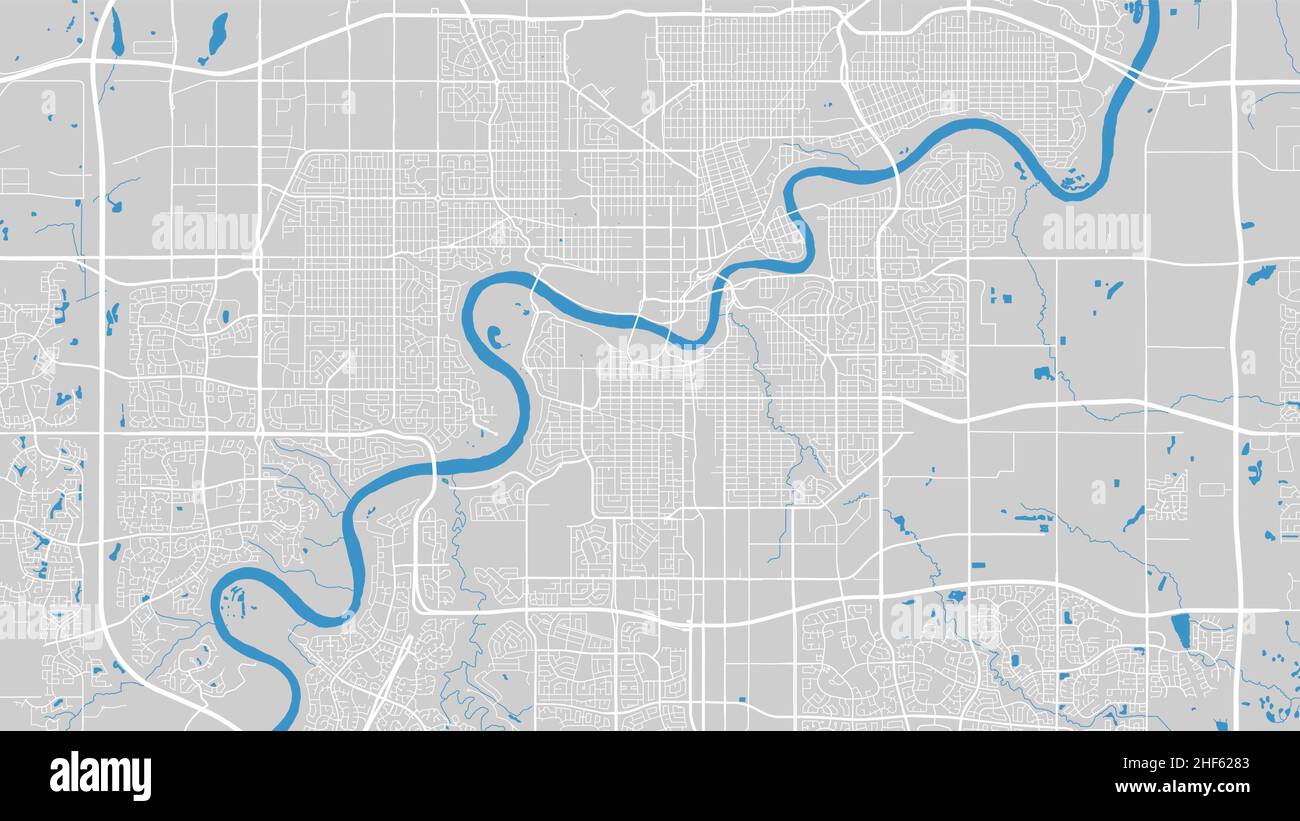 Illustrazione vettoriale della mappa del fiume. Mappa del fiume Saskatchewan del nord, città di Edmonton, Canada. Corso d'acqua, flusso d'acqua, blu su sfondo grigio mappa stradale. Dettagli Illustrazione Vettoriale