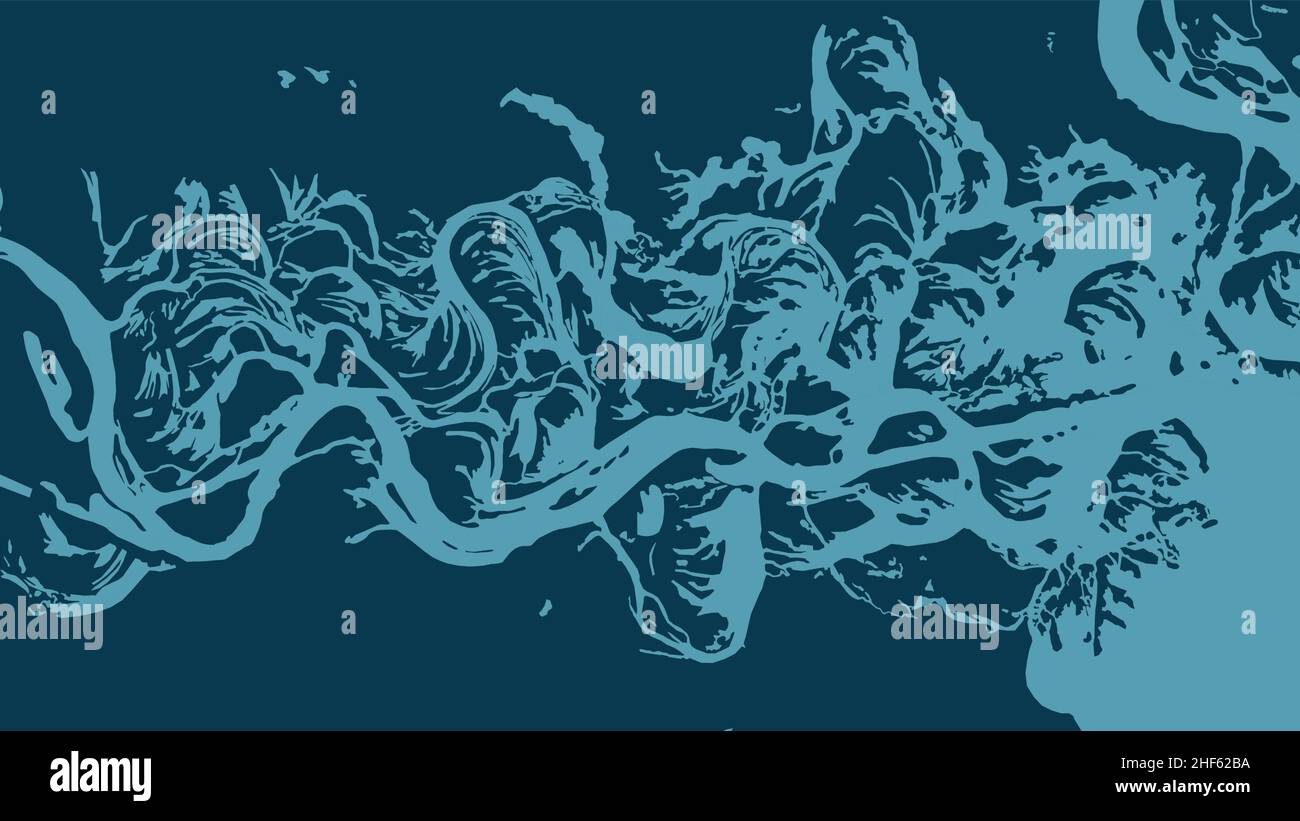 Illustrazione vettoriale della mappa del fiume. Mappa del fiume Pripyat, Ucraina. Corso d'acqua, flusso d'acqua, blu su sfondo scuro. Silhouette dettagliata. Illustrazione Vettoriale