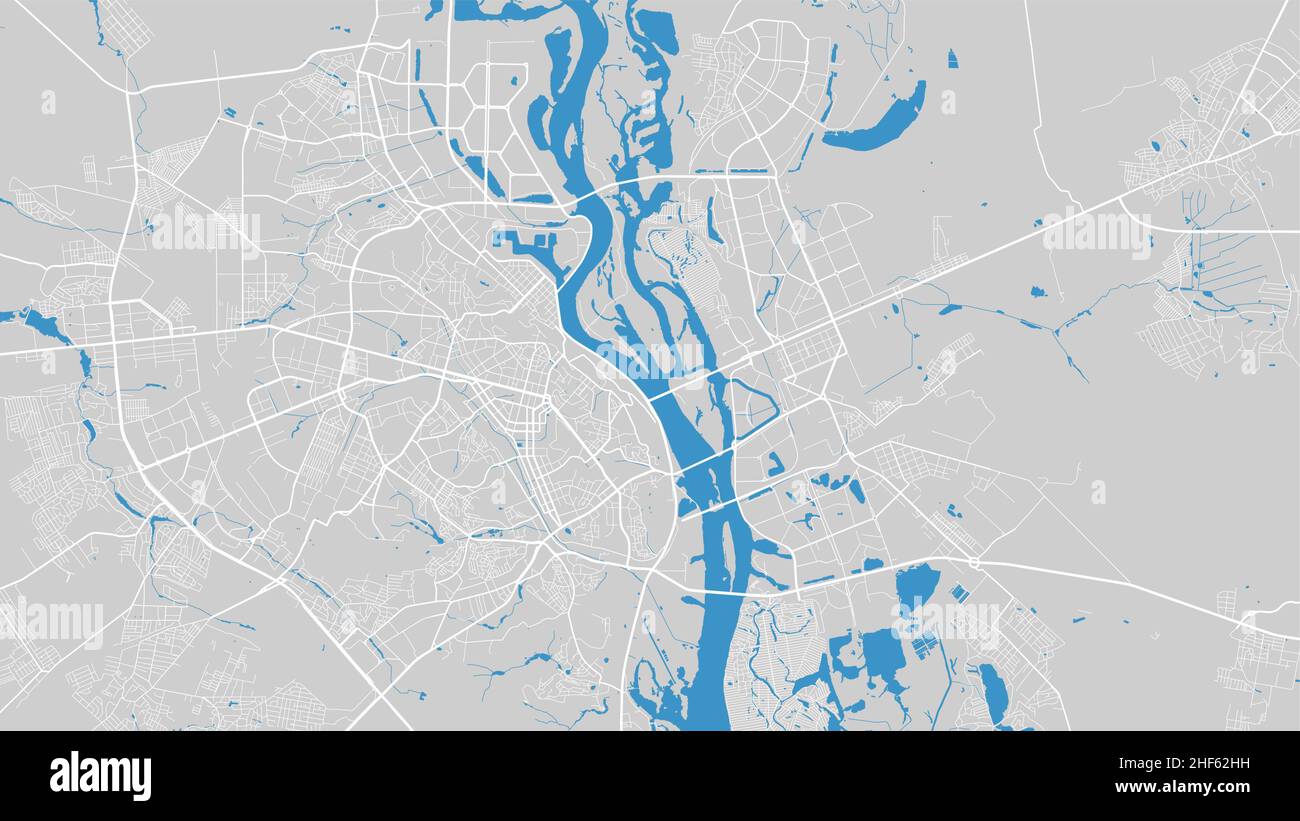 Illustrazione vettoriale della mappa del fiume. Mappa del fiume Dnieper, città di Kyiv, Ucraina. Corso d'acqua, flusso d'acqua, blu su sfondo grigio mappa stradale. Silhouette dettagliata. Illustrazione Vettoriale