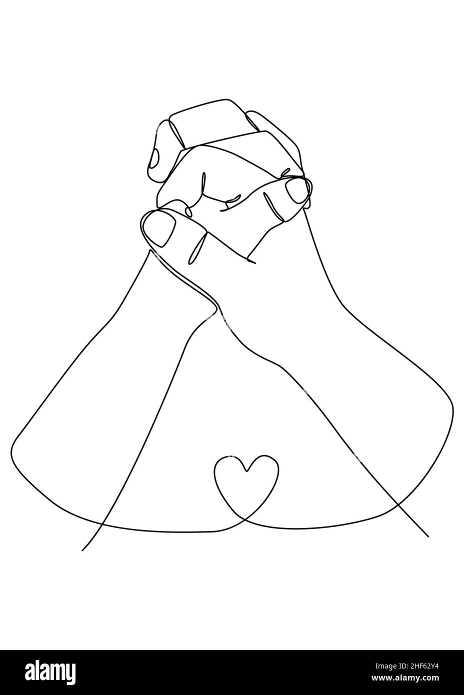 Una semplice linea continua disegnando a forma di coppia che tiene le mani con un piccolo cuore. Insieme, concetto di amore. Illustrazione vettoriale. Illustrazione Vettoriale