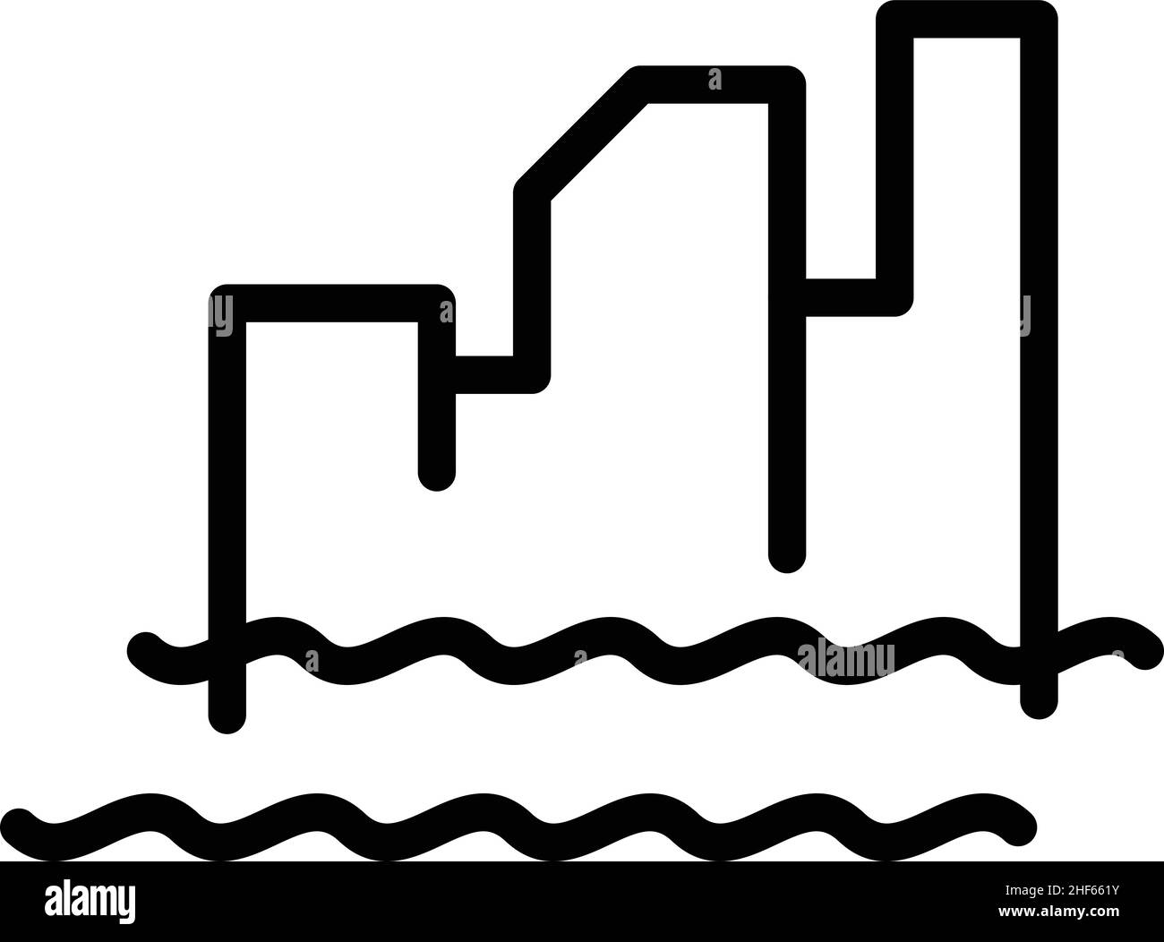 Vettore di contorno dell'icona del livello di alluvione della città. Cambio mare. Oceano globale Illustrazione Vettoriale