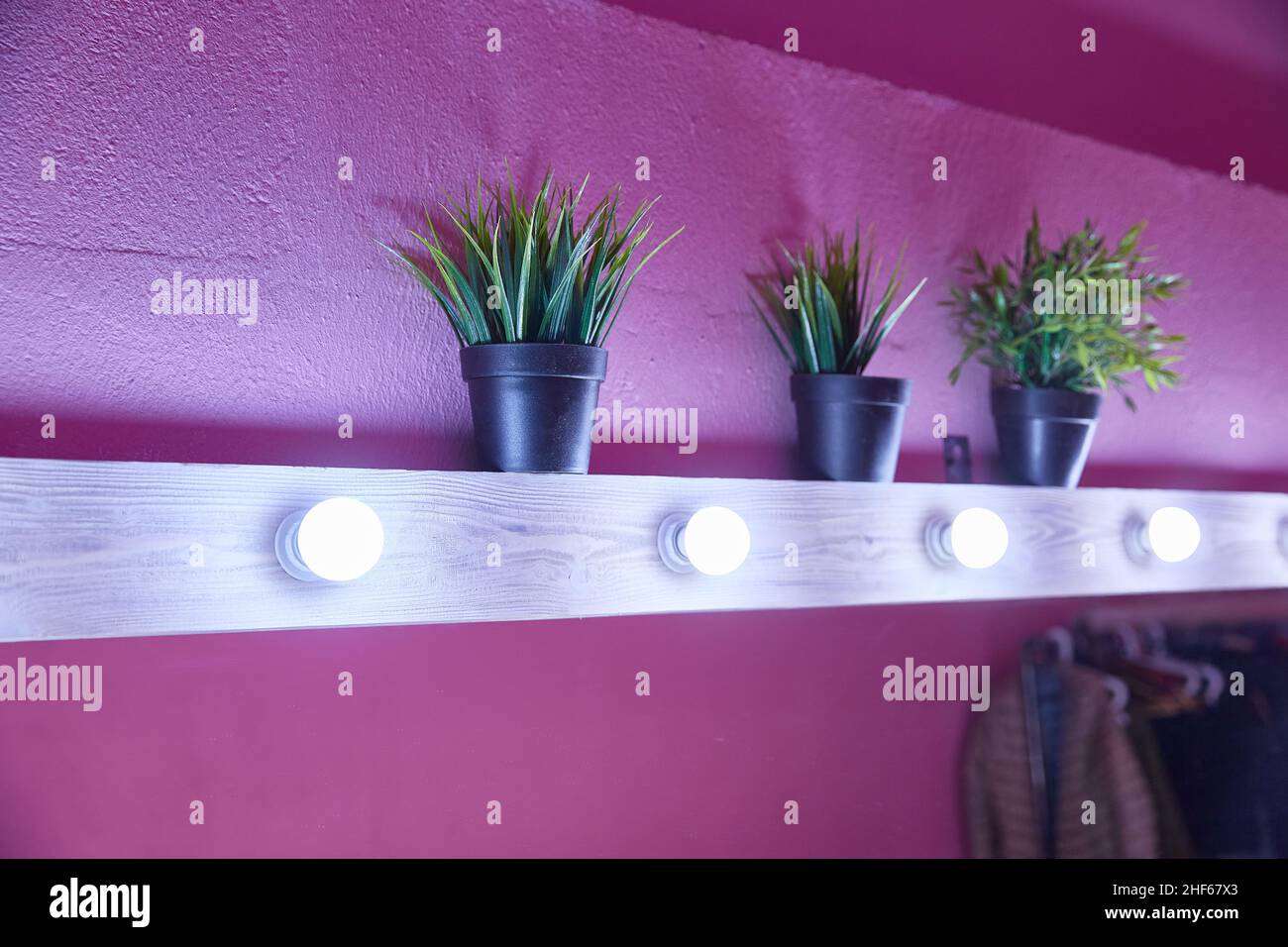 ripiano con illuminazione e piante in vaso. Colore viola delle pareti. Design degli interni insolito Foto Stock
