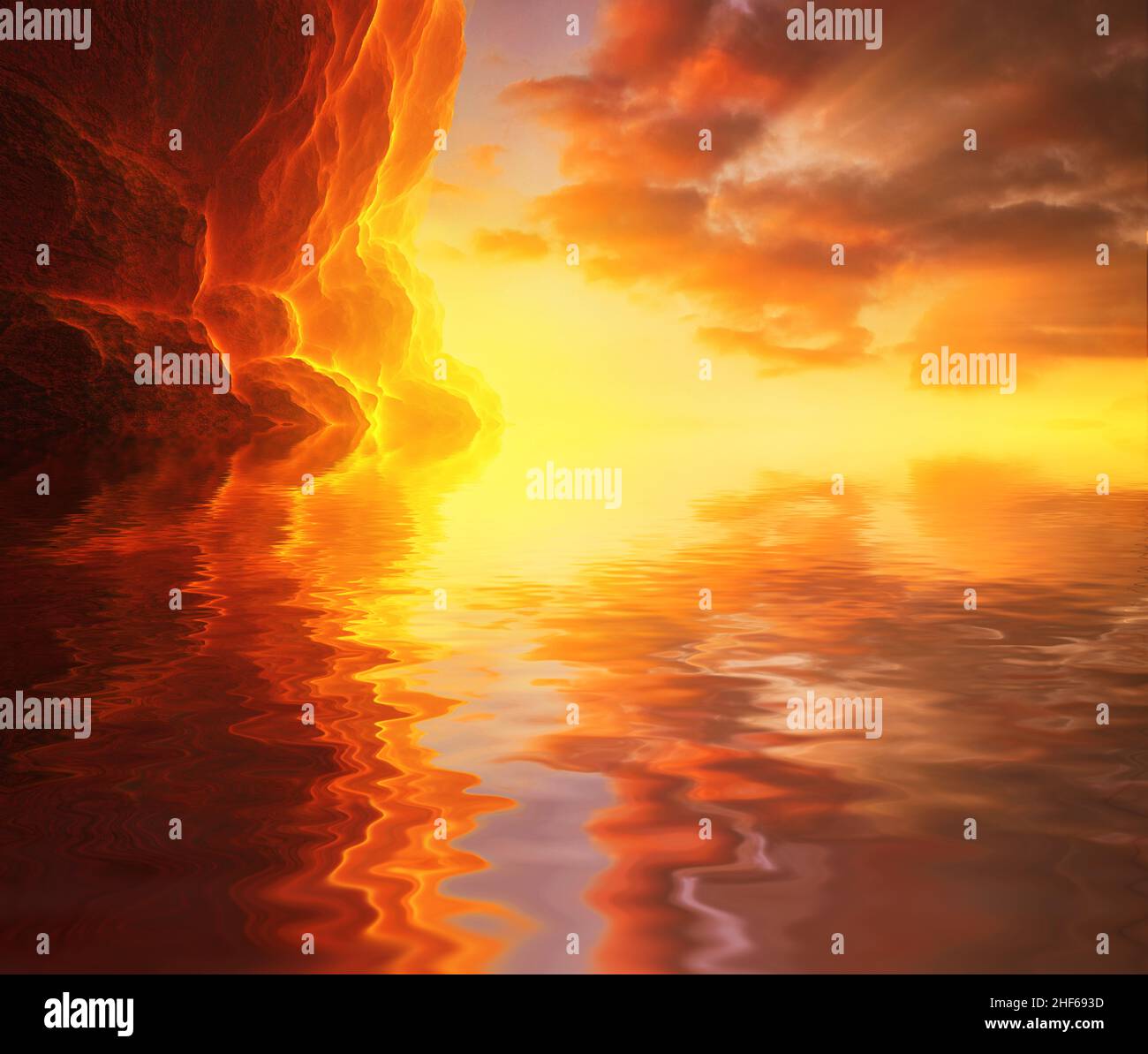 Fantastico tramonto sulle rocce contro il cielo e riflessi nell'acqua. 3d illustrazione Foto Stock