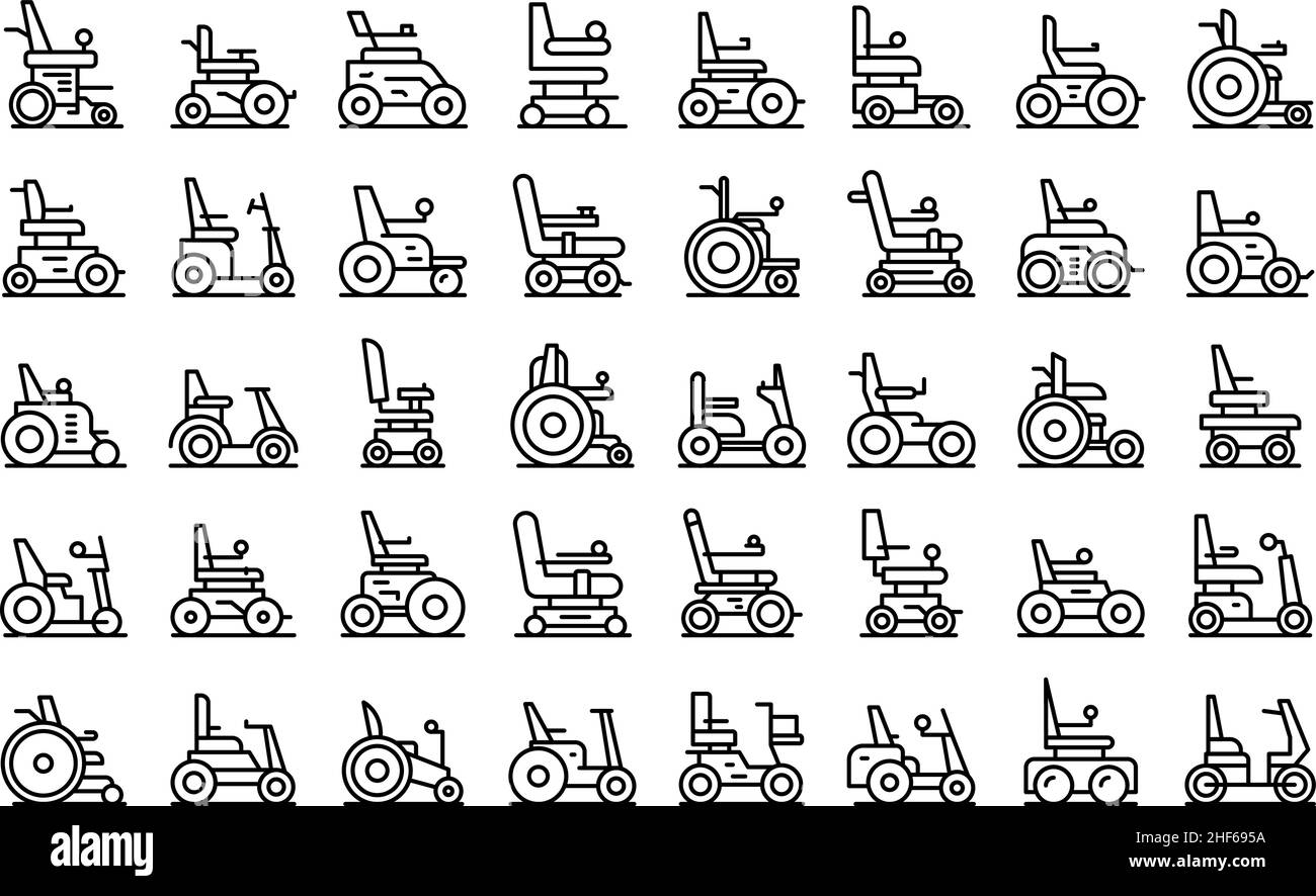 Icone per sedie a rotelle elettriche per impostare il vettore di contorno. Batteria per adulti. Invalidità della cura Illustrazione Vettoriale