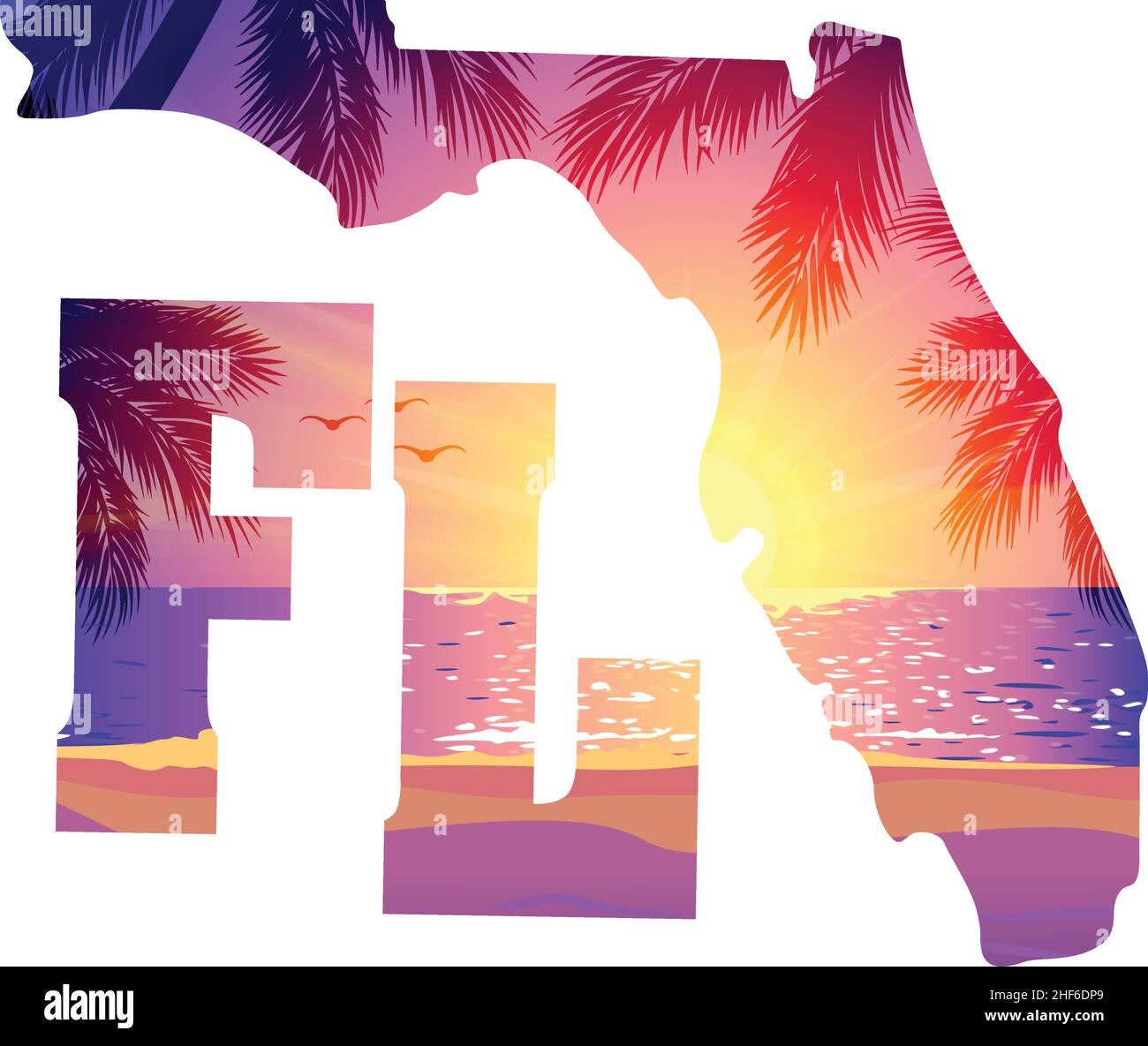 florida state Shape e FL text con viola dorato arancione spiaggia tramonto tshirt grafica disegno vettoriale Illustrazione Vettoriale