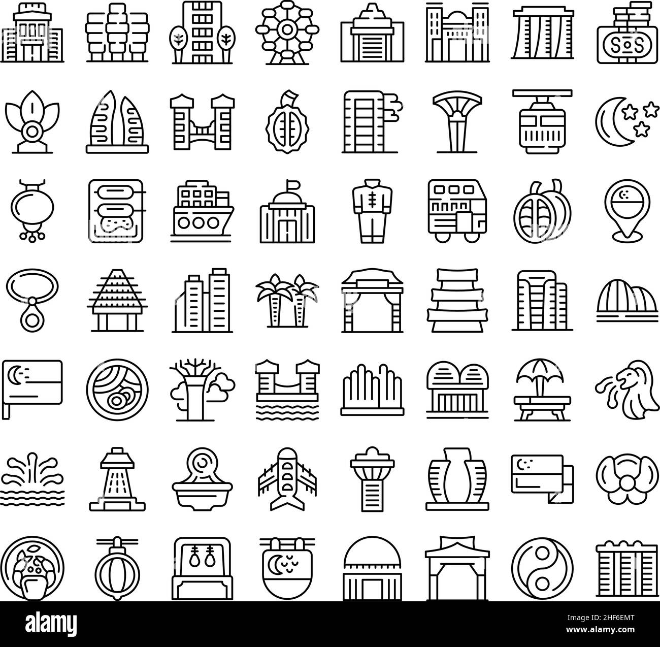 Le icone di Singapore impostano il vettore di contorno. Aeroporto. Paese della città Illustrazione Vettoriale