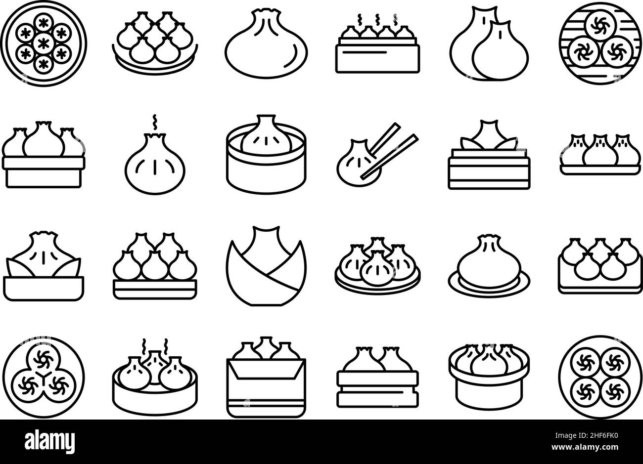Le icone Baozi impostano il vettore di contorno. Antipasto Asia. Bun cina Illustrazione Vettoriale
