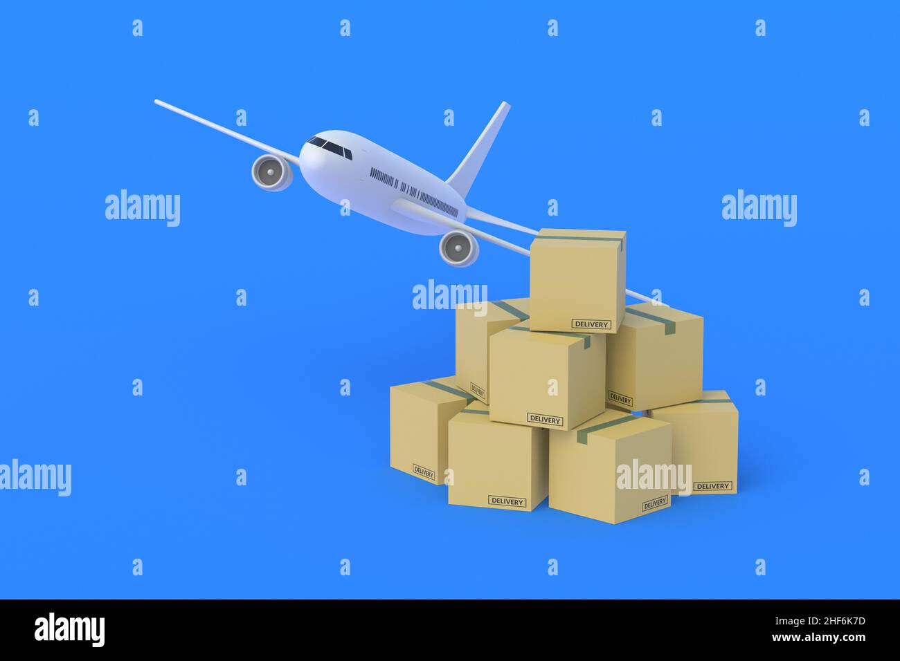 Aeroplano vicino alla pila di scatole su sfondo blu. Trasporto internazionale di merci. Logistica globale. Spedizione aerea. Concetto di AirMail. Trasporto Foto Stock