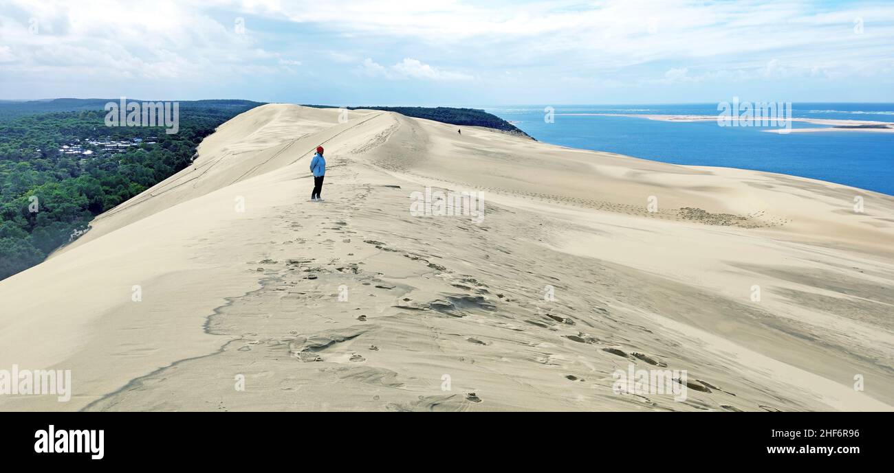 Il più grande cumulo di sabbia d'Europa, la Dune du Pilat, lunga 2700m, larga 500m e alta 110m con vista sull'Atlantico Foto Stock
