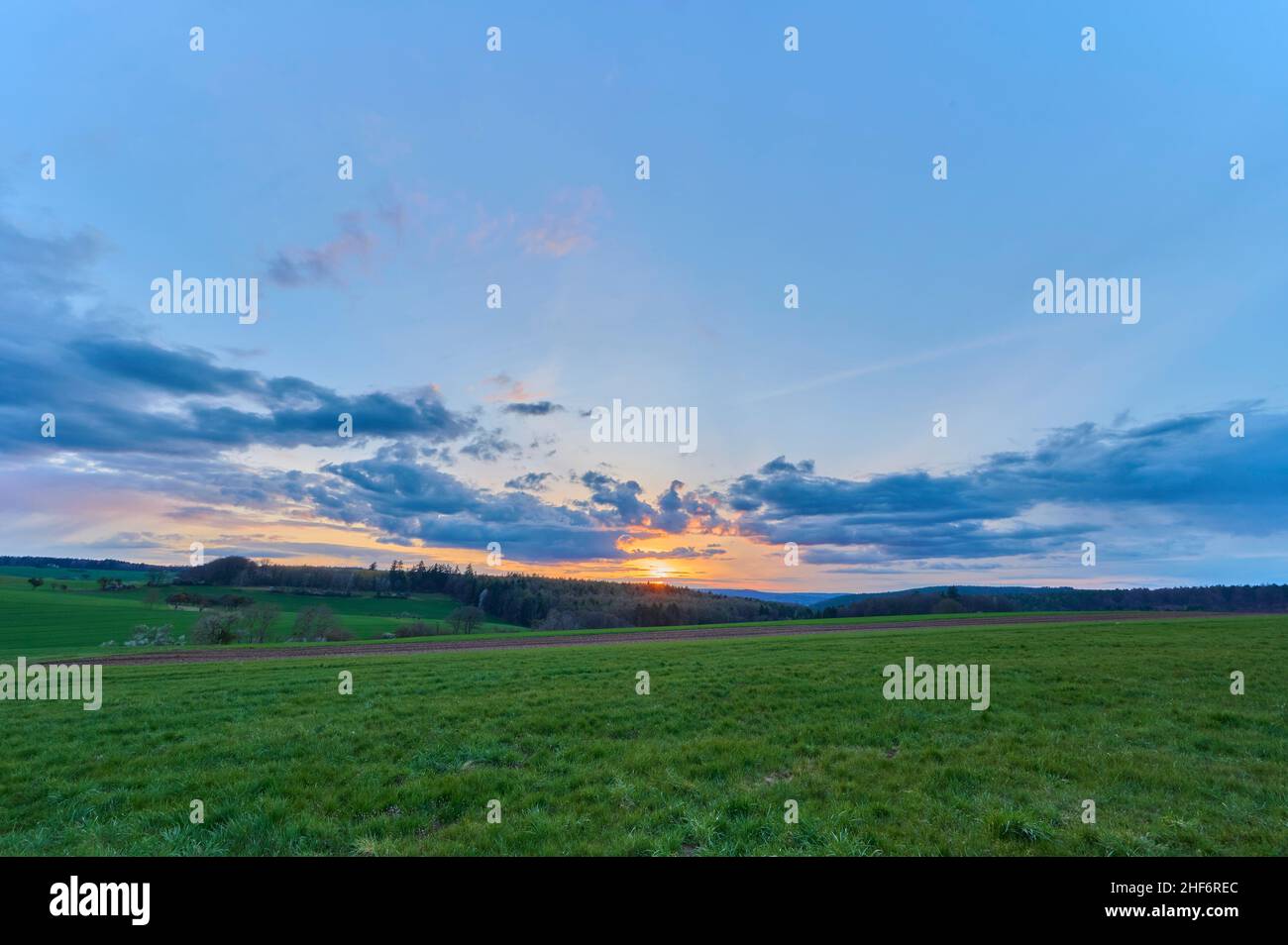 Prato, foresta, cielo, sole, tramonto, Primavera, Spessart, Baviera, Germania Foto Stock