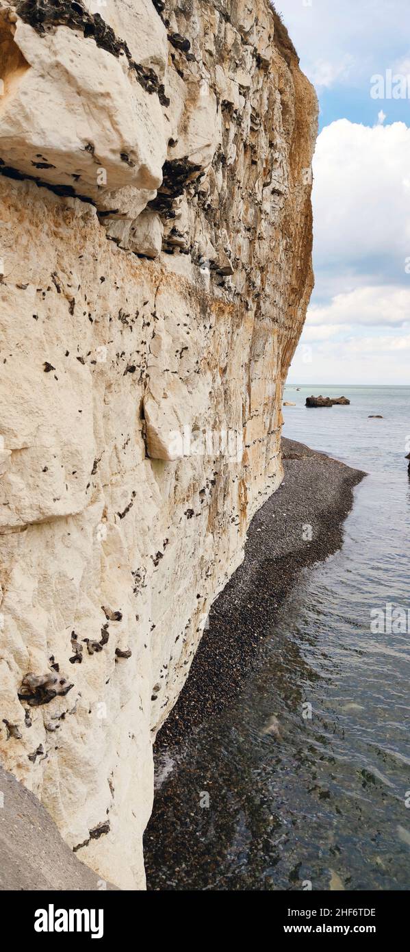 Alta marea a mezzogiorno, le scogliere di gesso verticale sono caratteristiche della Costa d'Albatre, Quiberville Plage, Francia, Normandia, Foto Stock