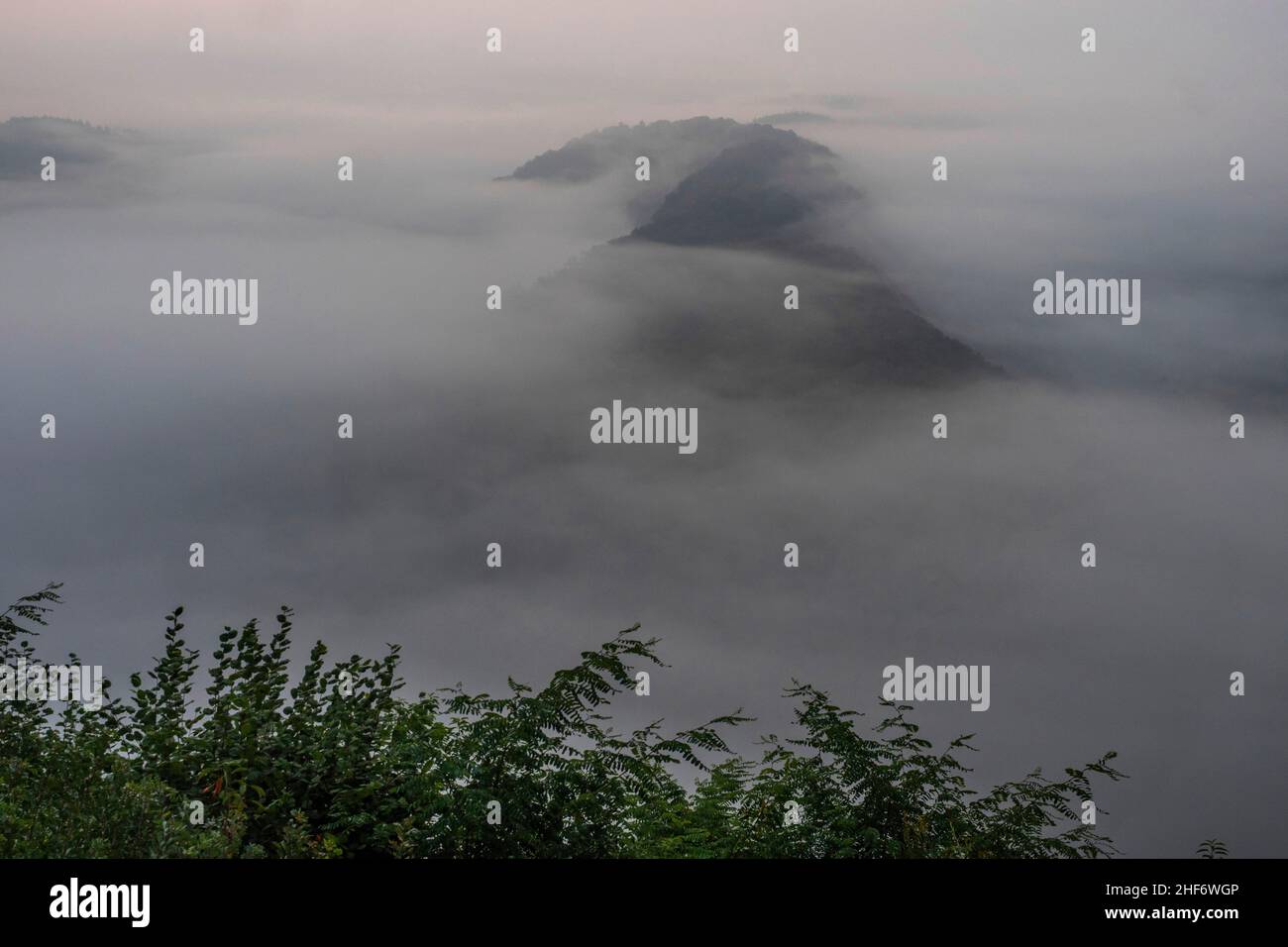 Mattina umore sul Cloef, nebbia sopra il Saarschleife vicino Mettlach, Saartal, Saarland, Germania Foto Stock