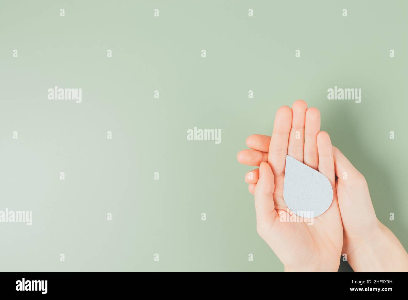 Flat Lay World Water Day Concept, le mani femminili che tengono la goccia blu su sfondo verde con spazio copia Foto Stock