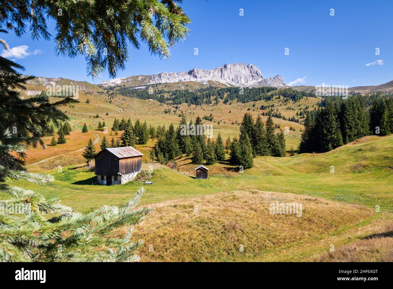 Italia, Veneto, provincia di Belluno, Livinallongo del col di Lana, paesaggio alpino con capanne in legno vicino ai pascoli di Cherz e Contrin, sullo sfondo costone montano di Setsas, Dolomiti Foto Stock
