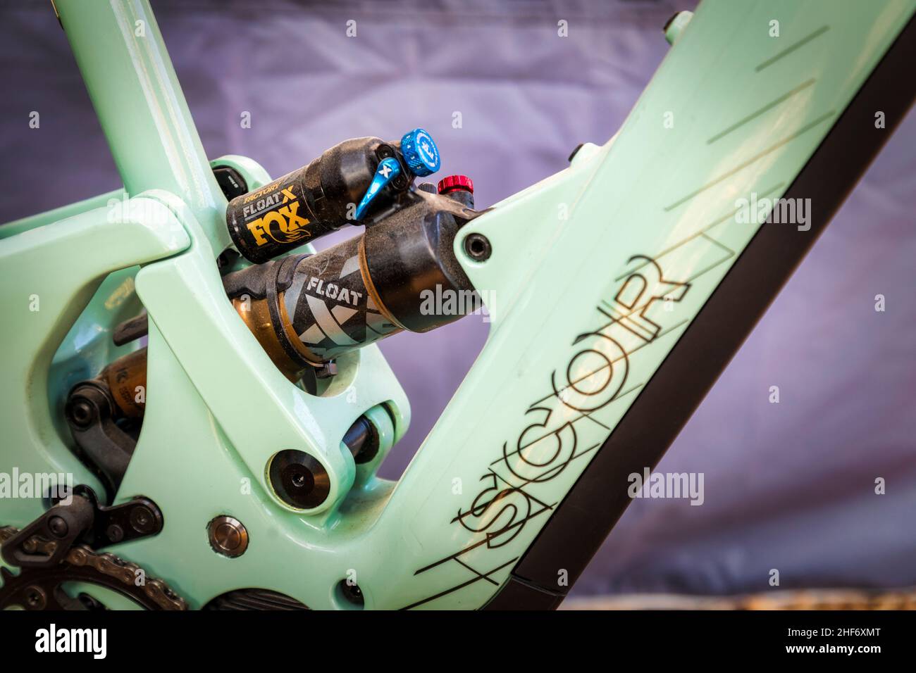 Bicicletta elettrica e-mtb, ammortizzatore posteriore, primo piano Foto Stock