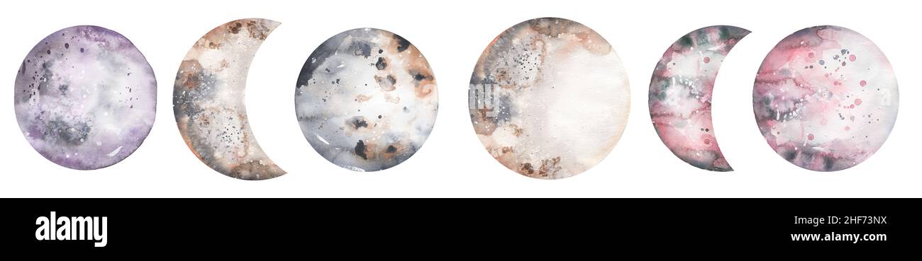 Set illustrazione Foresta Luna, Watercolor Crescenza invernale, clip art celeste, poster Galaxy, inviti di nozze, logo design Foto Stock