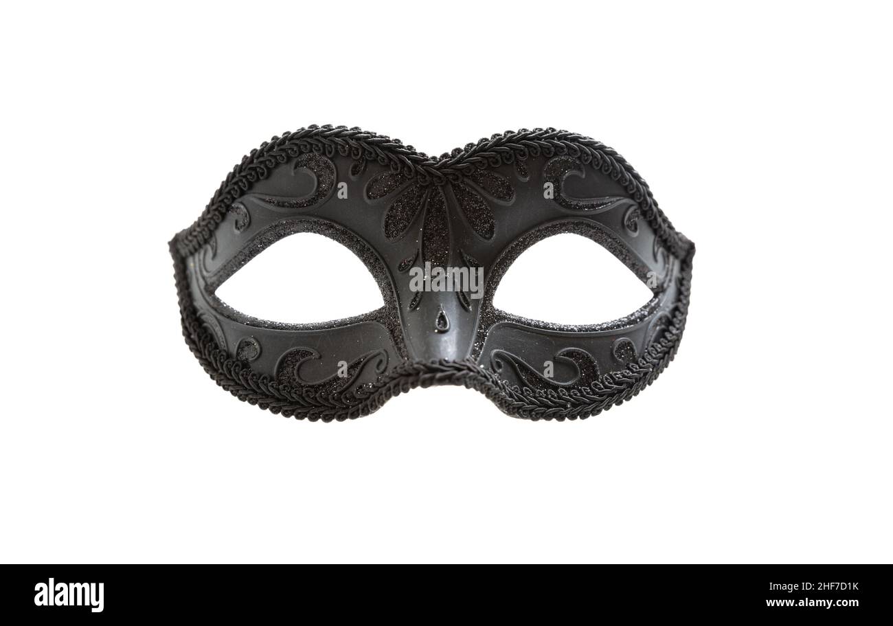 Maschera di Carnevale isolato su sfondo bianco, veneziano teatro femmina volto nero colore ornato travestimento, vista frontale Foto Stock