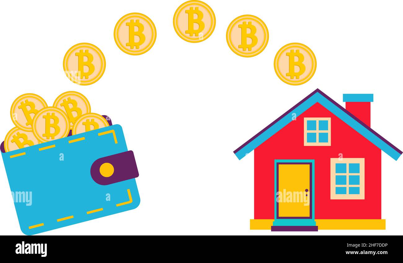 Acquista una casa per Bitcoin. Il valore futuro della proprietà. Concetto vettoriale della valuta digitale. Misurare l'uguaglianza di Bitcoin e illustrare la casa. Illustrazione Vettoriale