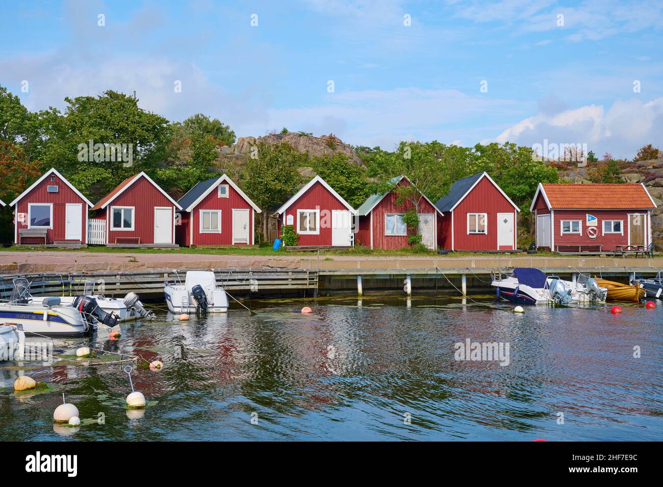 Boathouses, Bunt, barche, Estate, Hovenäsets, Kungshamn, Bohuslän, Västra Götalands Län, Vastra Gotaland, Svezia Foto Stock