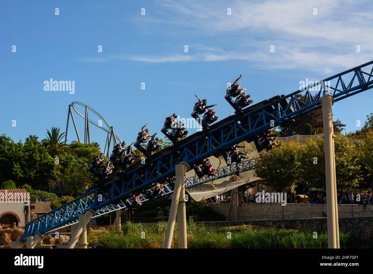 Attrazioni nel mondo di PortAventura, è un parco a tema e un resort nel sud di Barcellona, a Salou, Tarragona. Attrae circa 4 milioni di visitatori Foto Stock