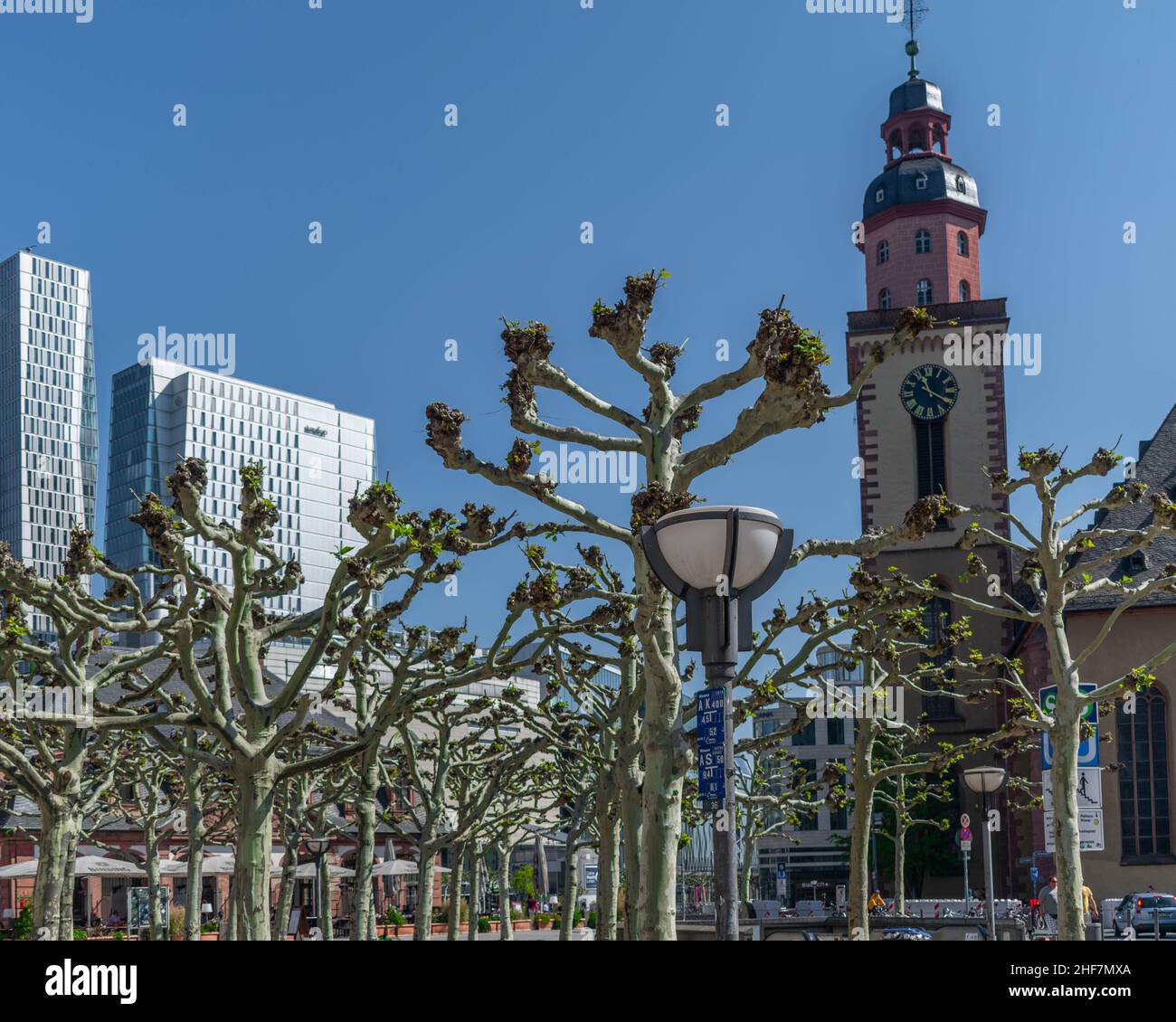 La chiesa della torre dell'orologio di Santa Caterina a Francoforte, Germania, con splendidi alberi unici nella parte anteriore e Mainhatten European business skyscr Foto Stock