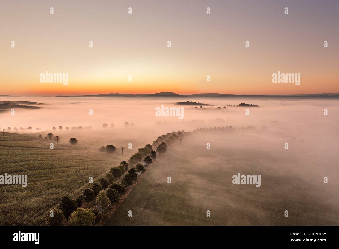 Germania, Turingia, Großbreitenbach, Böhlen, un viale e colline e montagne isolate sporgono da un mare di nebbia, alba, panoramica, vista aerea Foto Stock