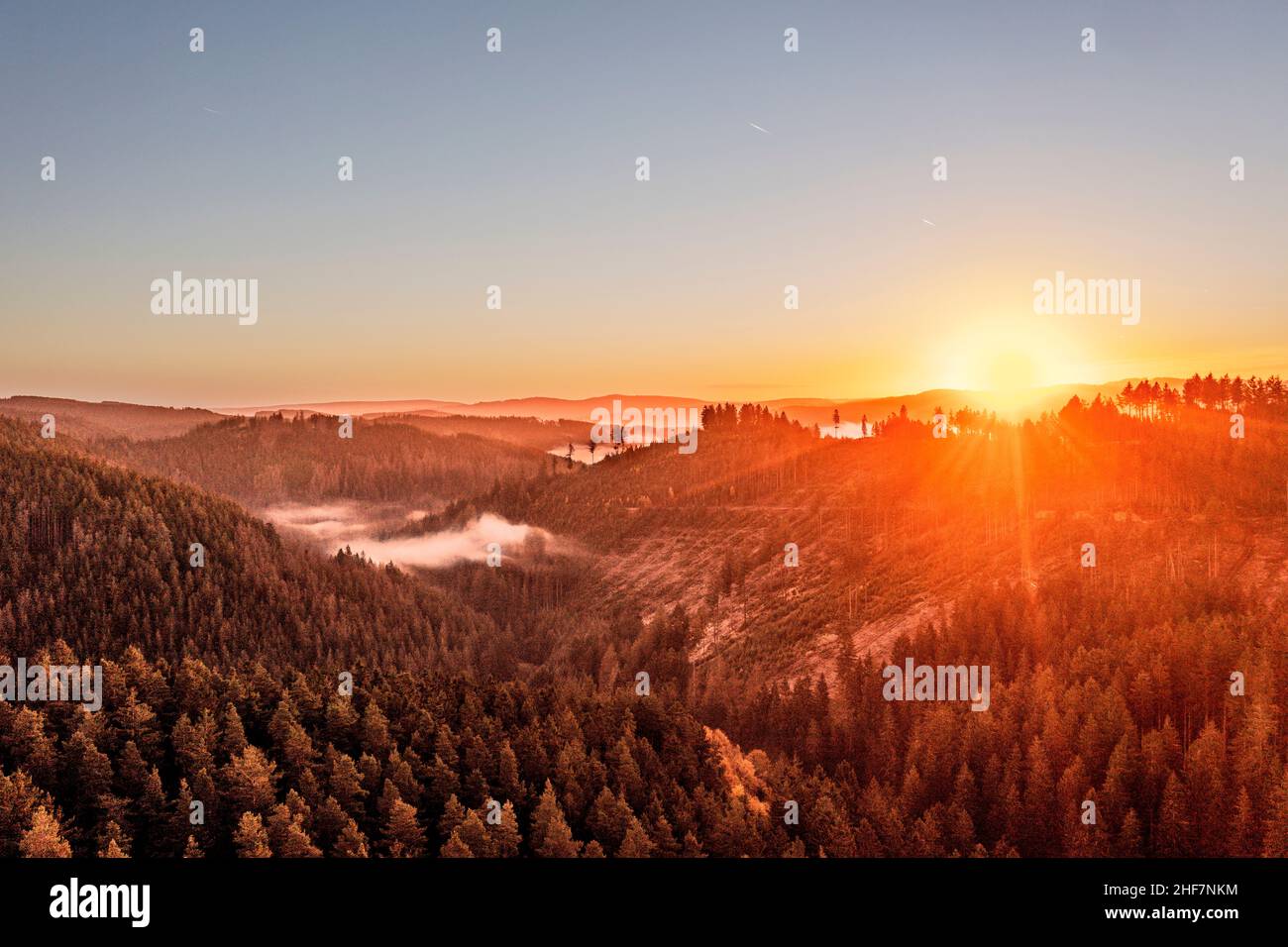 Germania, Turingia, Großbreitenbach, Wildenspring, paesaggio, foresta, valli, montagne, alba, retroilluminazione Foto Stock