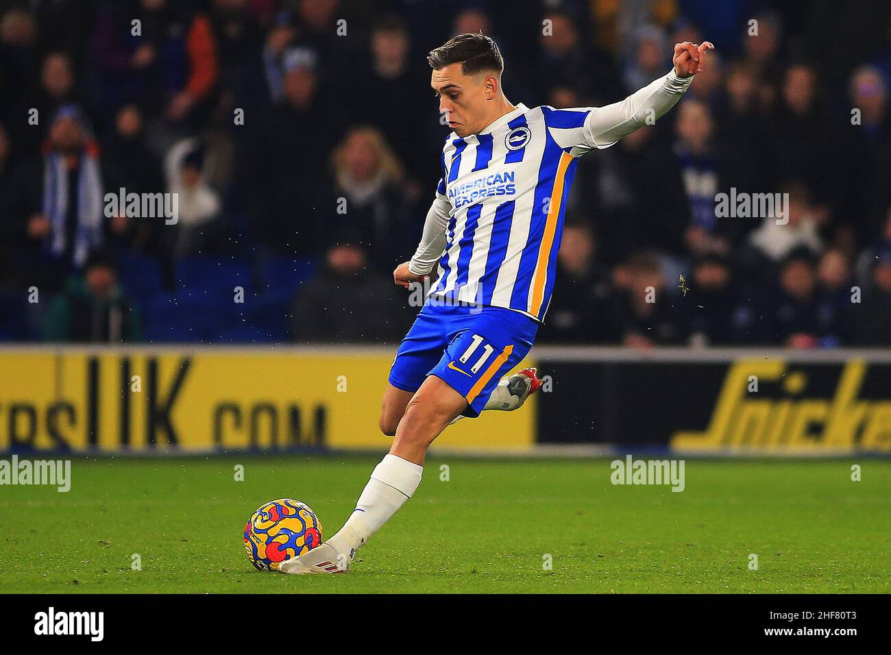 Brighton, Regno Unito. 14th Jan 2022. Leandro Trossard di Brighton e Hove Albion in azione. Premier League Match, Brighton & Hove Albion contro Crystal Palace all'Amex Stadium di Brighton venerdì 14th gennaio 2022. Questa immagine può essere utilizzata solo a scopo editoriale. Solo per uso editoriale, licenza richiesta per uso commerciale. Nessun uso in scommesse, giochi o un singolo club/campionato/player pubblicazioni. pic di Steffan Bowen/Andrew Orchard sport fotografia/Alamy Live news credito: Andrew Orchard sport fotografia/Alamy Live News Foto Stock