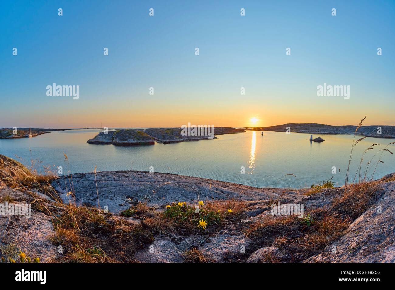 Arcipelago, arcipelago, rocce, mare, tramonto, Summer, Kungshamn, Skagerrak, Bohuslän, Västra Götalands Län, Vastra Gotaland, Svezia Foto Stock