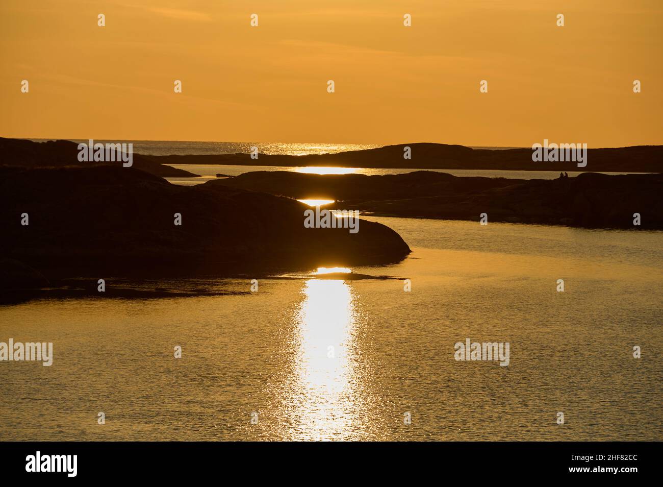 Arcipelago, arcipelago, rocce, mare, tramonto, Summer, Kungshamn, Skagerrak, Bohuslän, Västra Götalands Län, Vastra Gotaland, Svezia Foto Stock