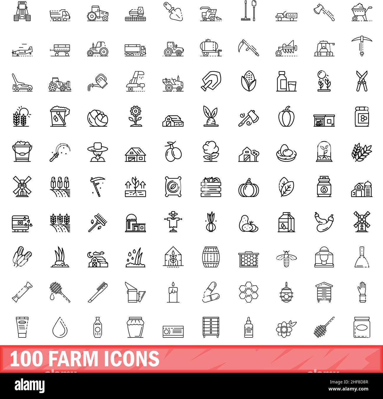 100 icone dell'azienda agricola impostate. Illustrazione di 100 icone di farm set vettoriale isolato su sfondo bianco Illustrazione Vettoriale