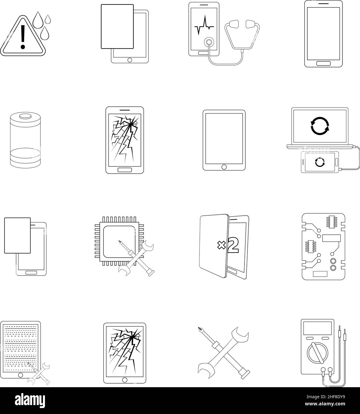 I telefoni rotti fissano le icone di set in stile contorno isolato su sfondo bianco Illustrazione Vettoriale