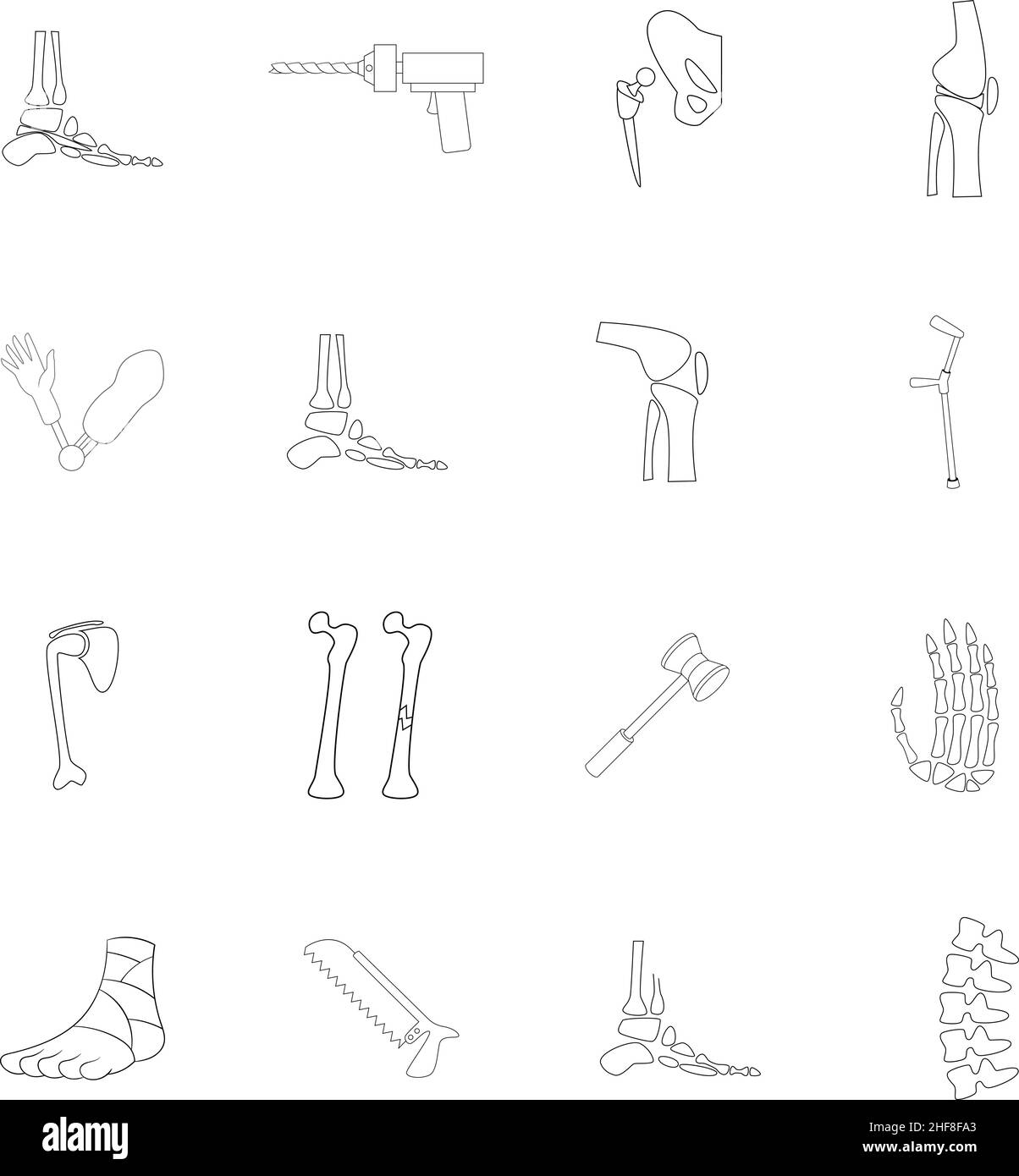 Icone ortopediche e della colonna vertebrale impostate in stile contorno isolate su sfondo bianco Illustrazione Vettoriale