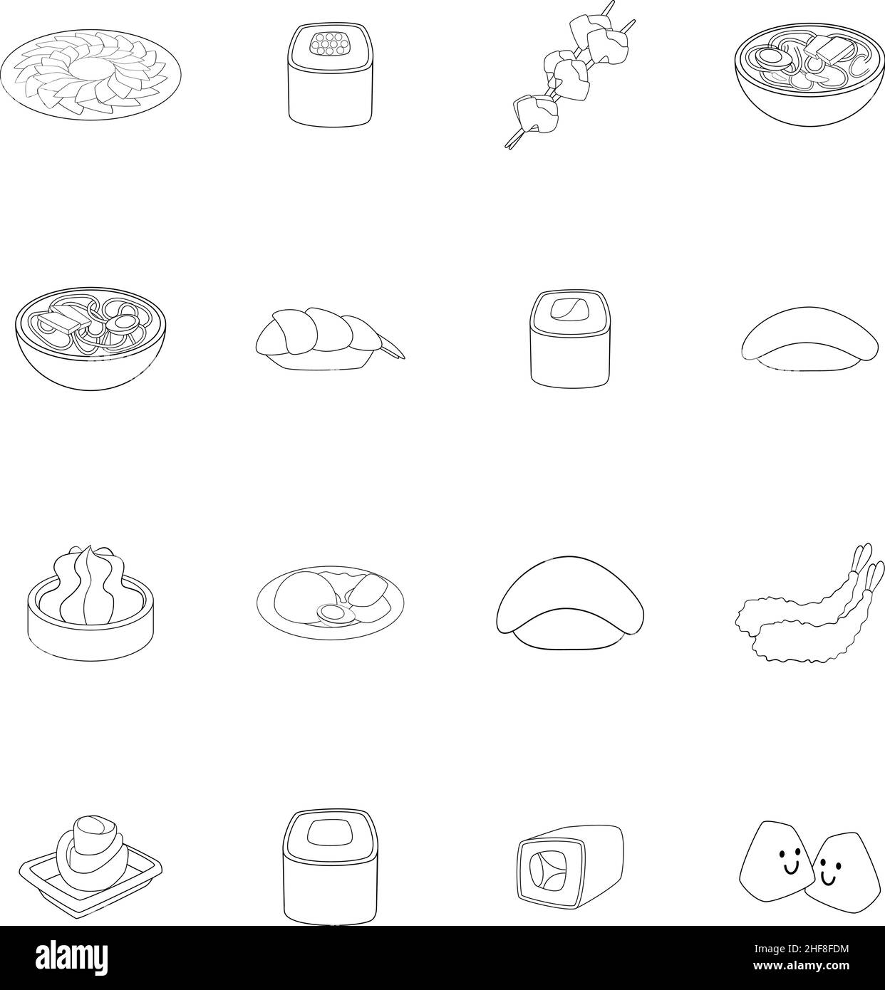 Icone giapponesi del cibo set in stile contorno isolato su sfondo bianco Illustrazione Vettoriale