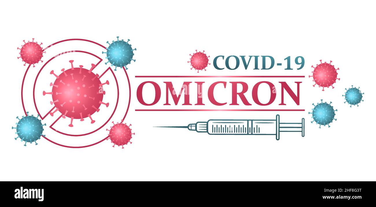 Omicron Сovid-19 variante di vaccinazione di protezione icona. Interrompere il nuovo ceppo di coronavirus. Mutazione virale. Iniezione di vaccino medico per il virus corona. Vettore Illustrazione Vettoriale