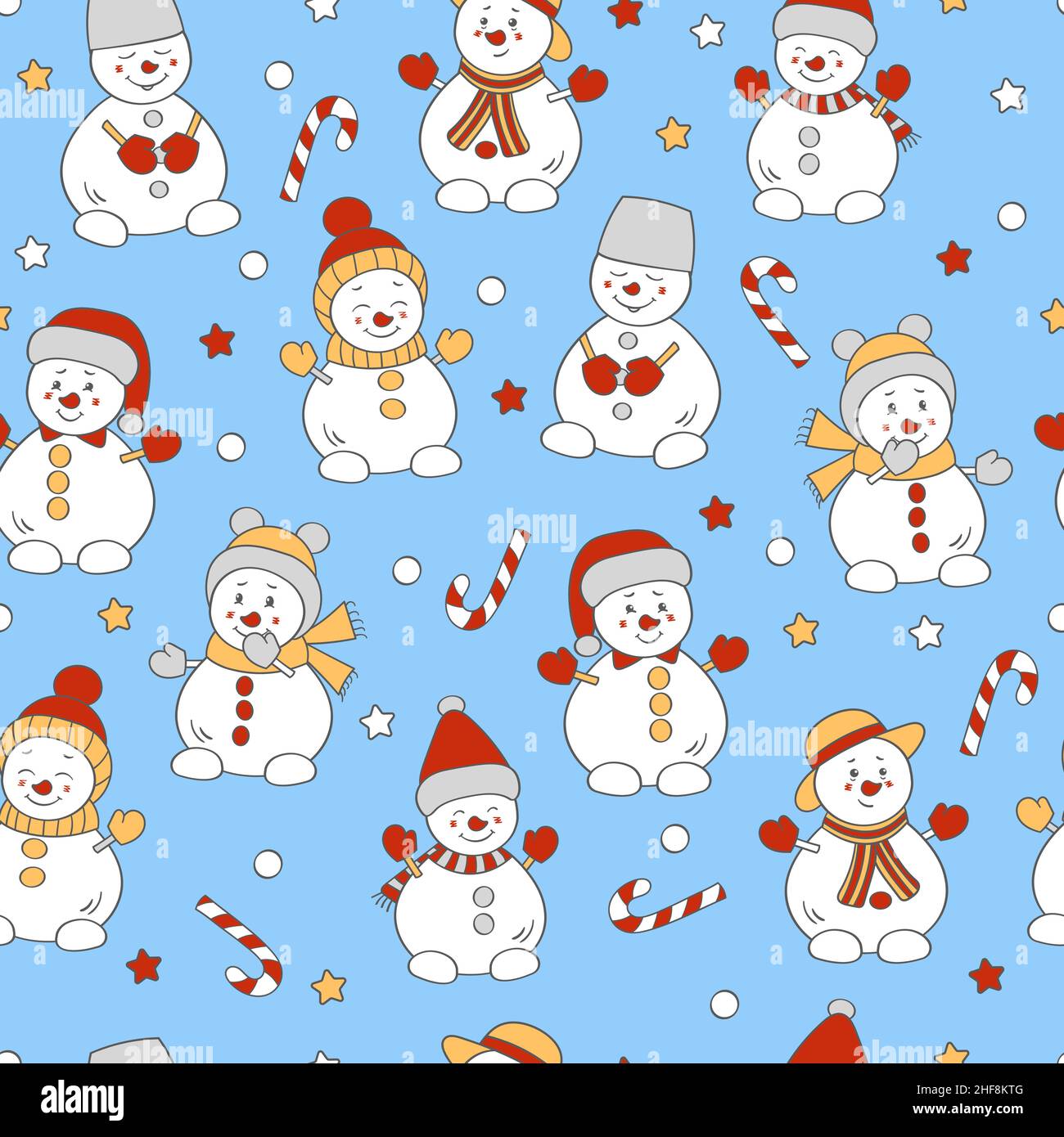 Motivo vettoriale senza cuciture con carino pupazzi di neve di Natale in cappelli invernali su sfondo azzurro Illustrazione Vettoriale