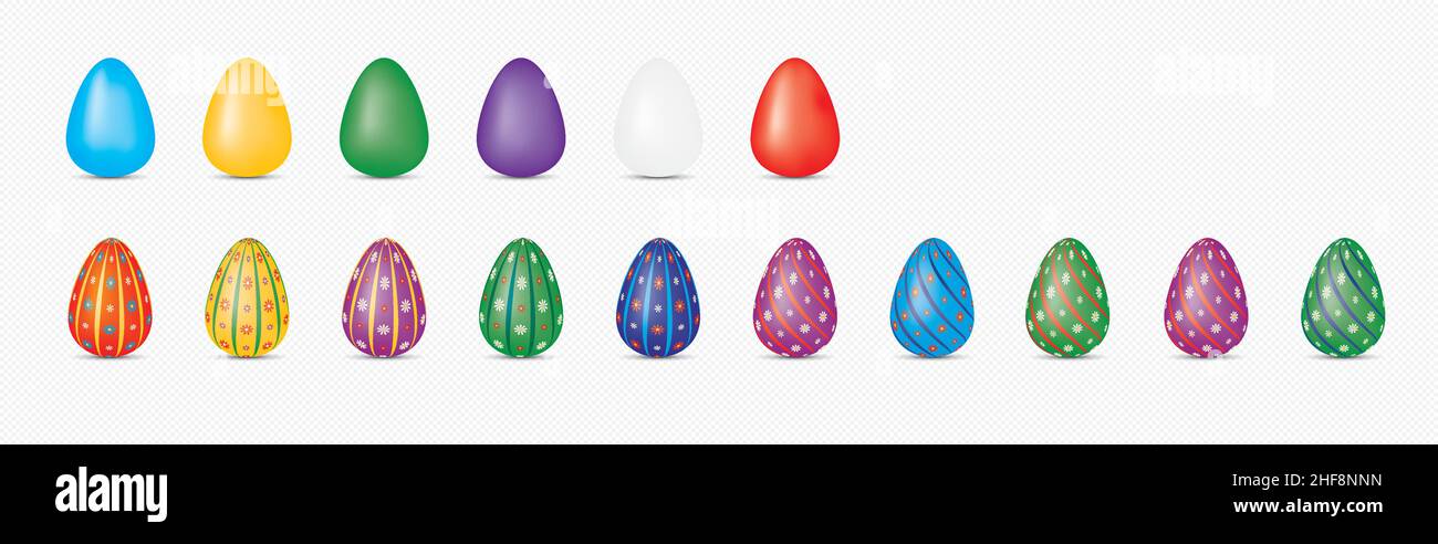 Uova di Pasqua, disegno vettoriale dipinto con simboli pasquali, fiori e colori. Livelli organizzati, sfondo trasparente. Illustrazione Vettoriale