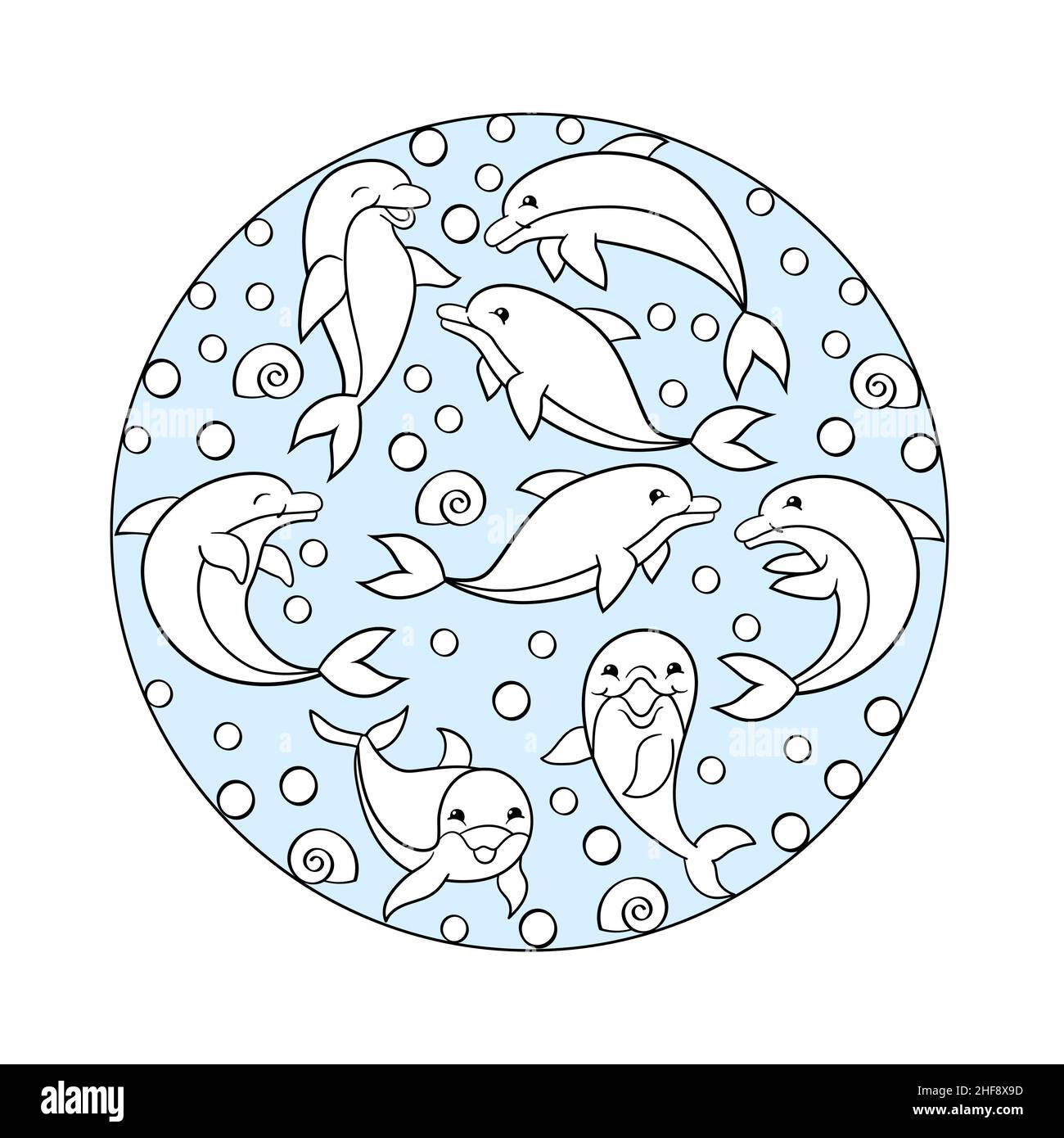 Pagina di colorazione vettoriale con delfini carini in una sfera blu Illustrazione Vettoriale