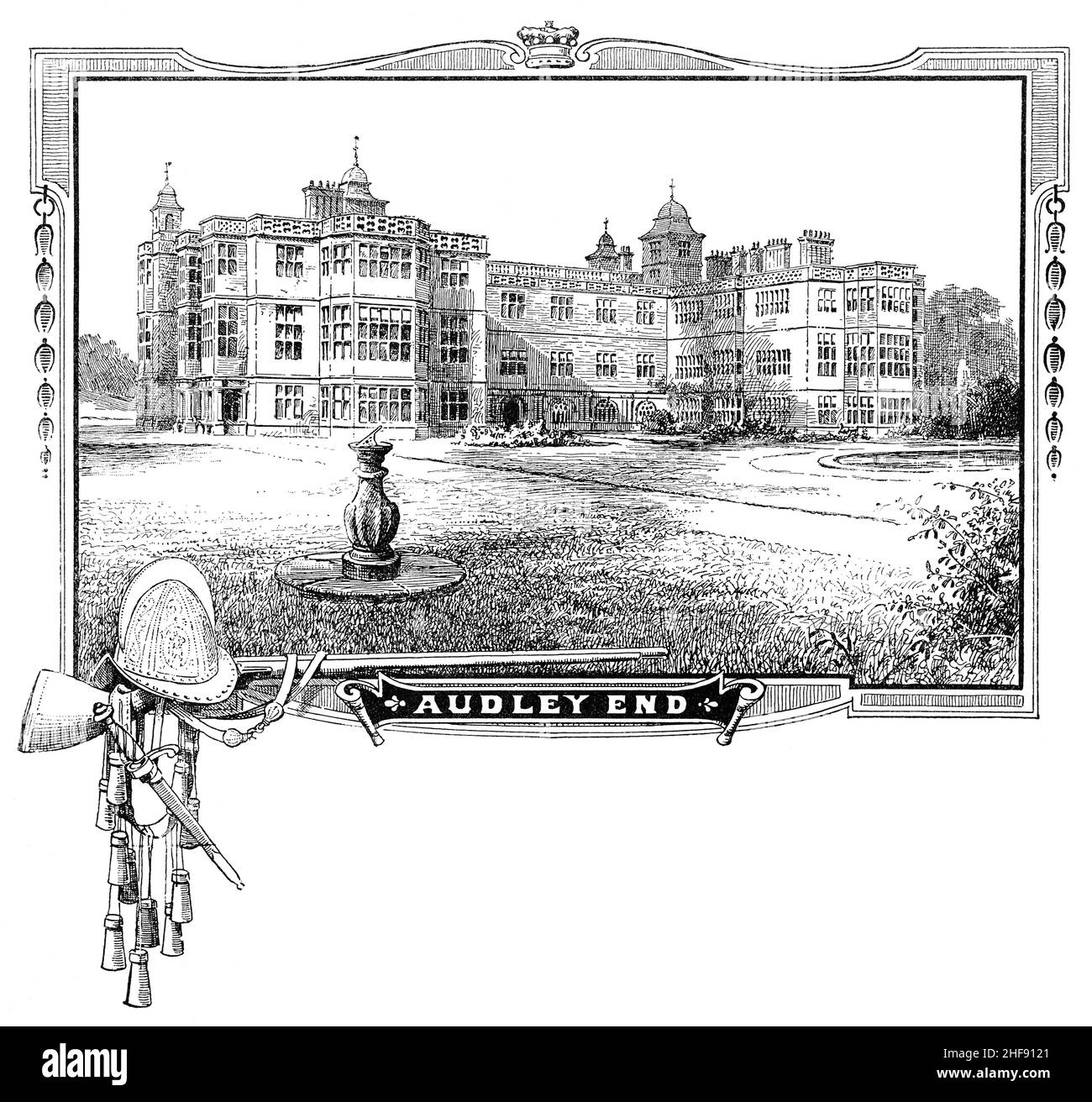 Illustrazione d'epoca edoardiana in una cornice di Audley End House, un palazzo giacobino vicino Saffron Walden, Essex, Inghilterra. Foto Stock